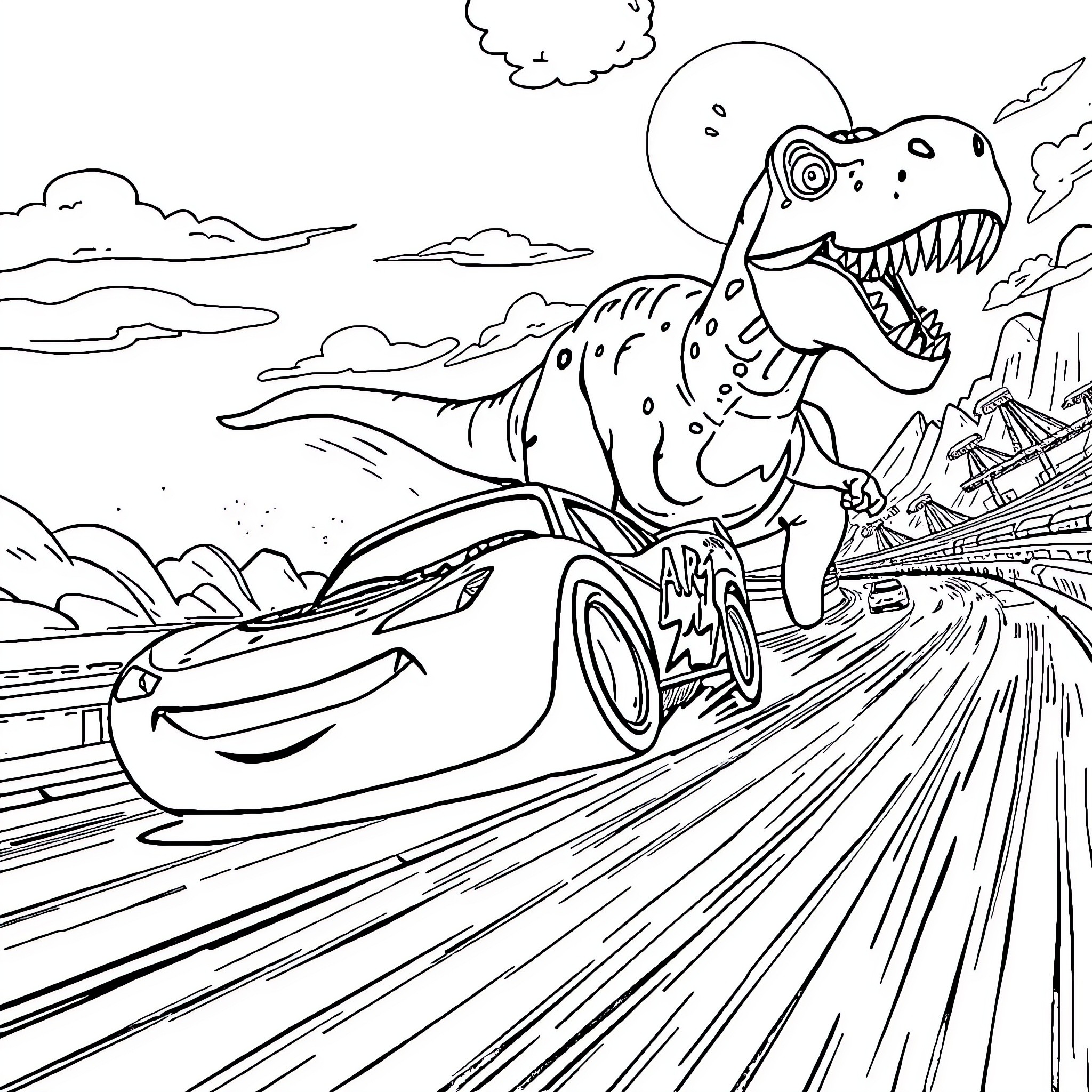 Lightning McQueen races through a prehistoric landscape Coloring Page (free black-and-white line drawing printable PDF for all, from beginners to advanced learners, including children, teens, adults, and seniors)