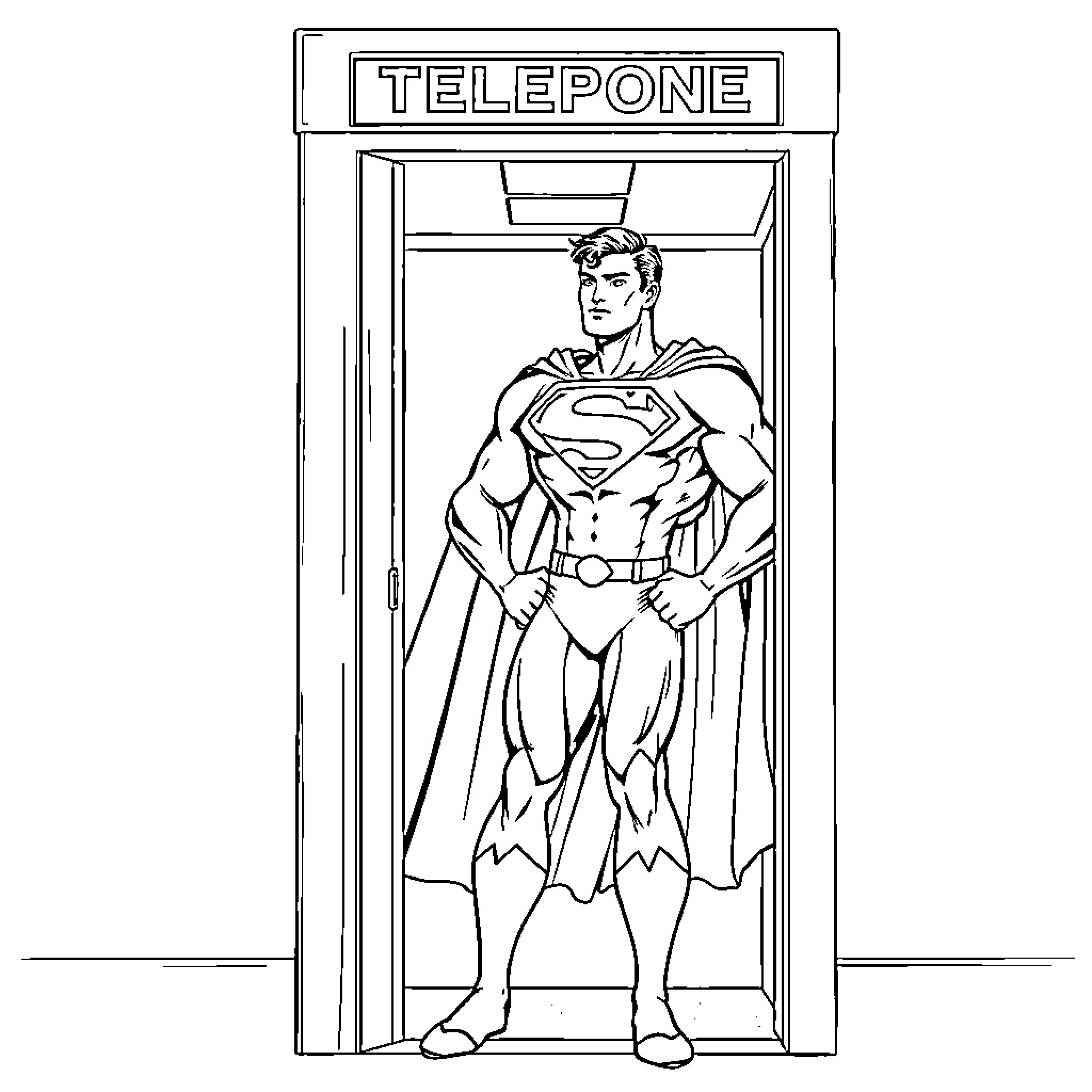 Superman emerging from a telephone booth Coloring Page (free black-and-white line drawing printable PDF for all, from beginners to advanced learners, including children, teens, adults, and seniors)