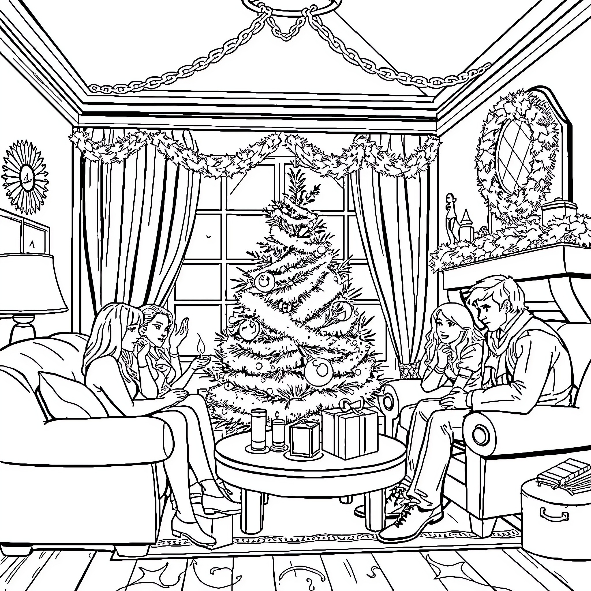 Buffy and friends decorate the Christmas tree together Coloring Page (free black-and-white line drawing printable PDF for all, from beginners to advanced learners, including children, teens, adults, and seniors)