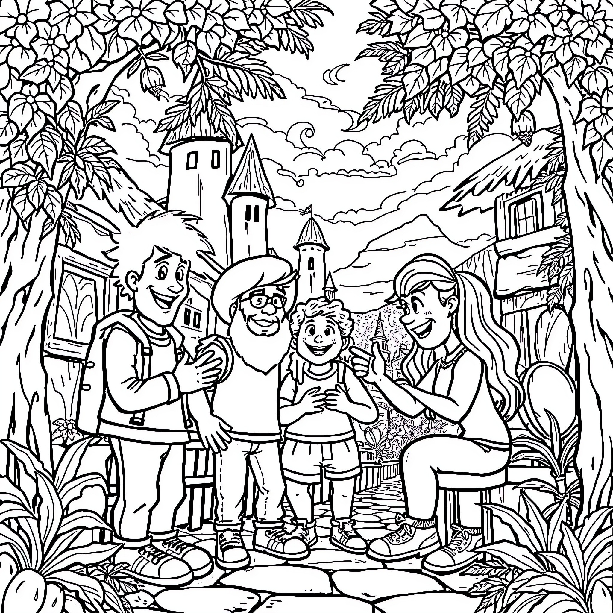 Chaves and Friends Exploring the Enchanted Village Coloring Page (free black-and-white line drawing printable PDF for all, from beginners to advanced learners, including children, teens, adults, and seniors)