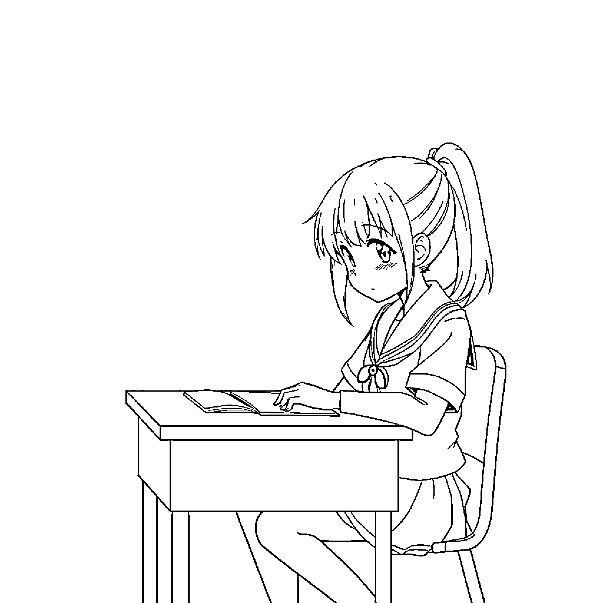 Ochako working diligently at her desk Coloring Page (free black-and-white line drawing printable PDF for all, from beginners to advanced learners, including children, teens, adults, and seniors)