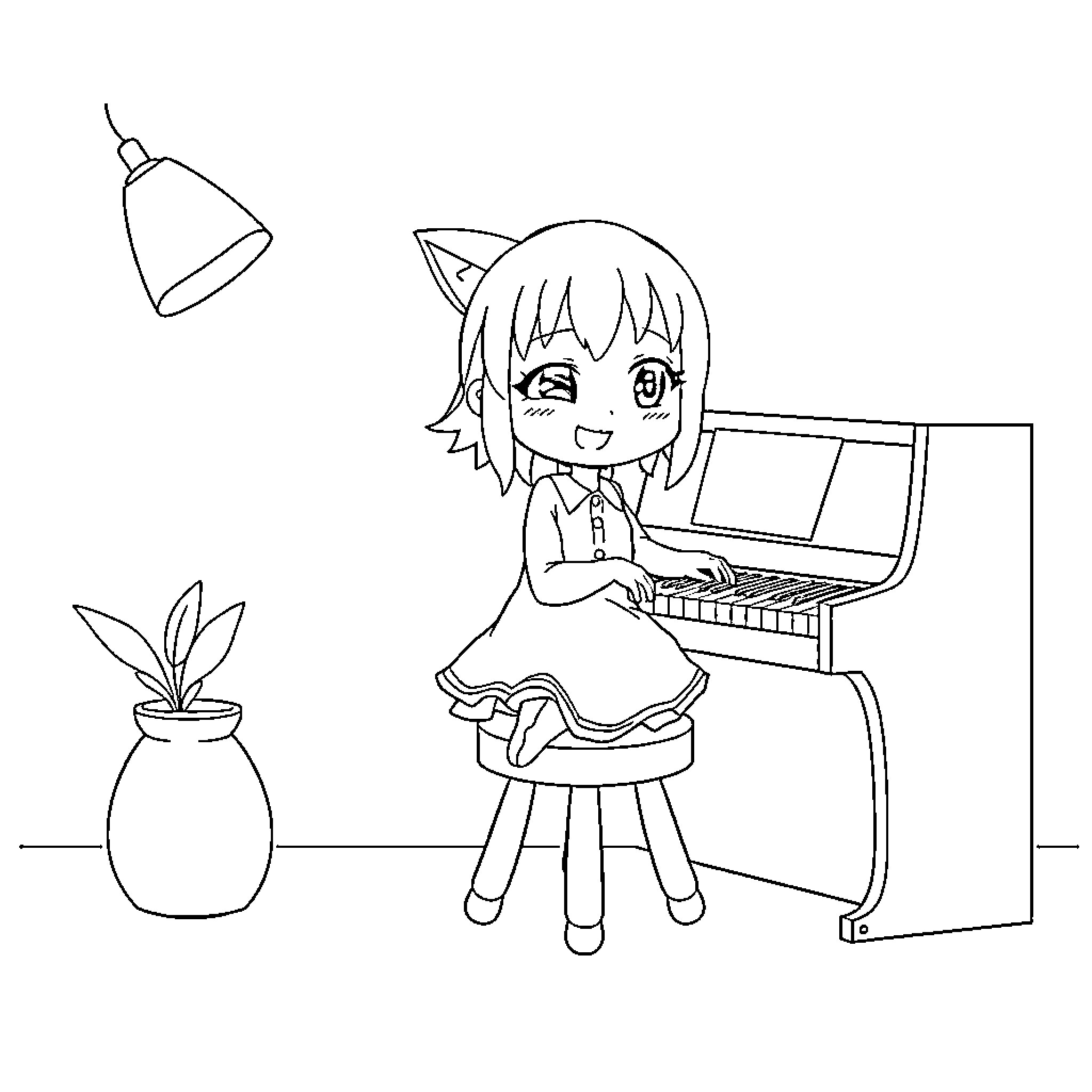 Kuromi playing piano happily in her room Coloring Page (free black-and-white line drawing printable PDF for all, from beginners to advanced learners, including children, teens, adults, and seniors)