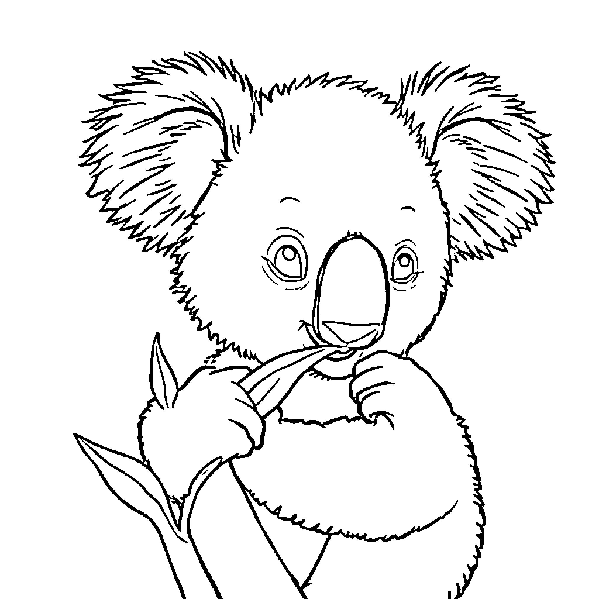 Koala hugging a eucalyptus leaf Coloring Page (free black-and-white line drawing printable PDF for all, from beginners to advanced learners, including children, teens, adults, and seniors)