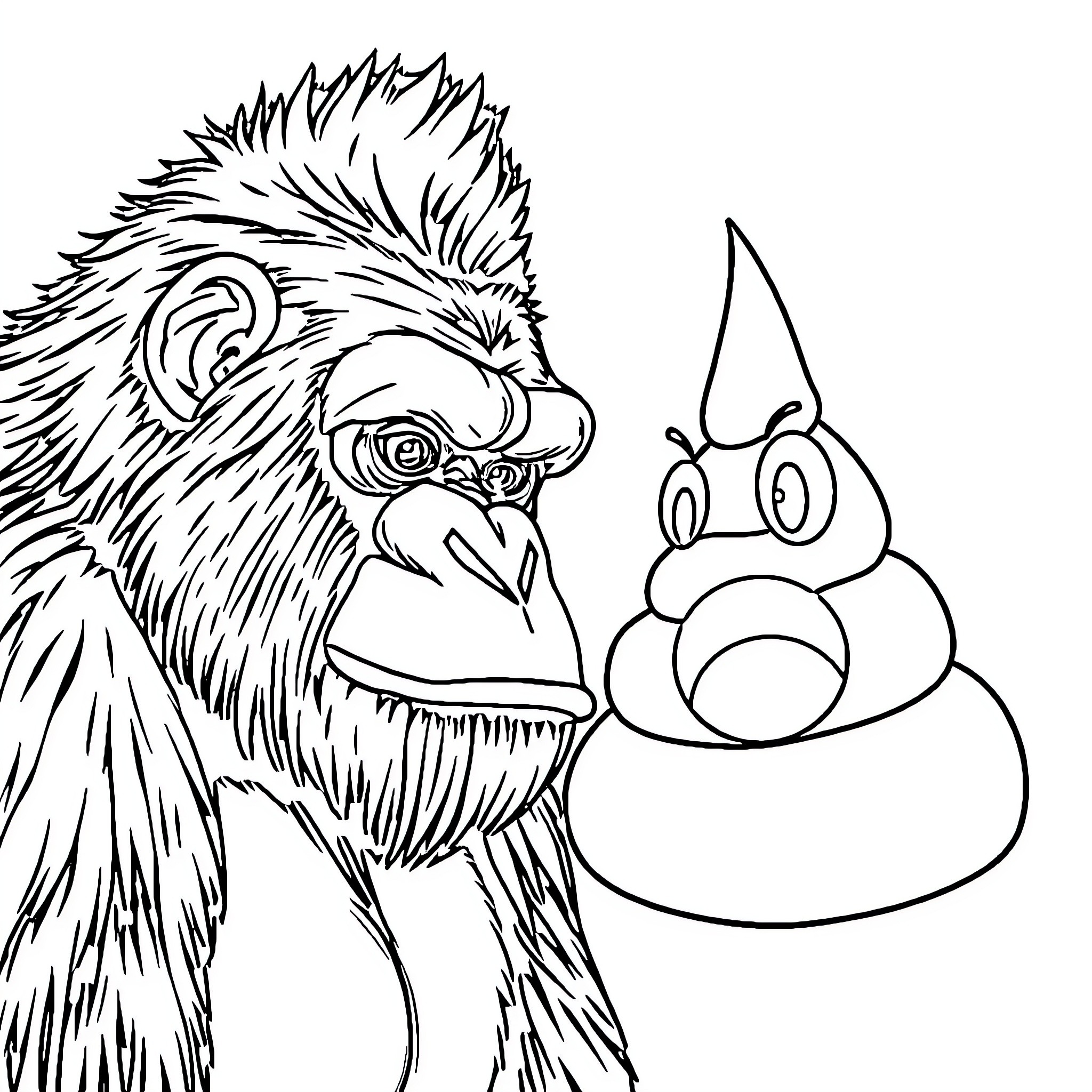 Gorilla examining an unusual object Coloring Page (free black-and-white line drawing printable PDF for all, from beginners to advanced learners, including children, teens, adults, and seniors)