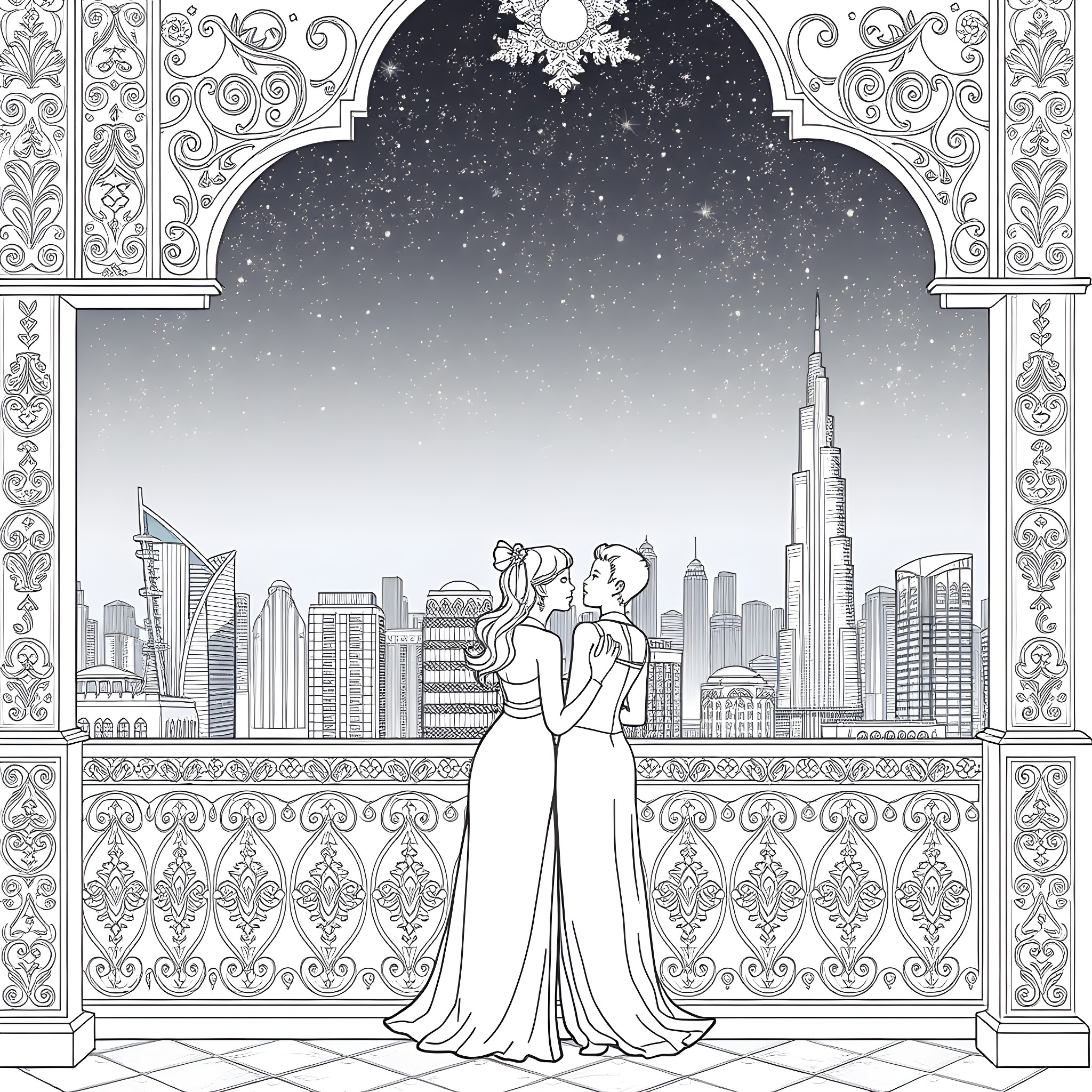 Lovers embracing under the starry Dubai skyline Coloring Page (free black-and-white line drawing printable PDF for all, from beginners to advanced learners, including children, teens, adults, and seniors)