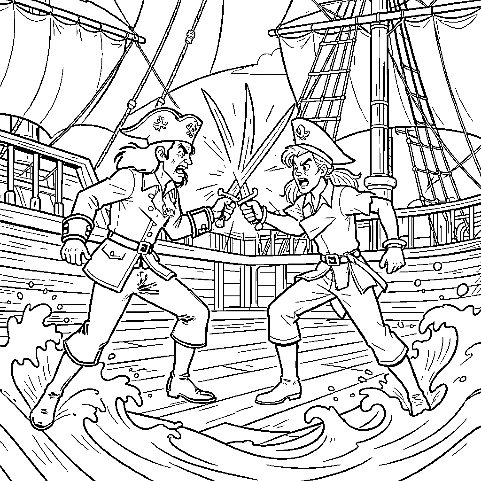 Captain Hook dueling a young pirate on a ship Coloring Page (free black-and-white line drawing printable PDF for all, from beginners to advanced learners, including children, teens, adults, and seniors)