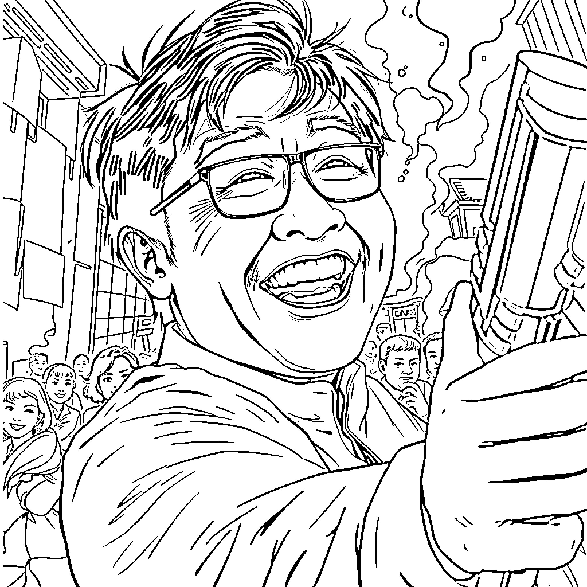 Jacky Chan in a lively and energetic scene Coloring Page (free black-and-white line drawing printable PDF for all, from beginners to advanced learners, including children, teens, adults, and seniors)
