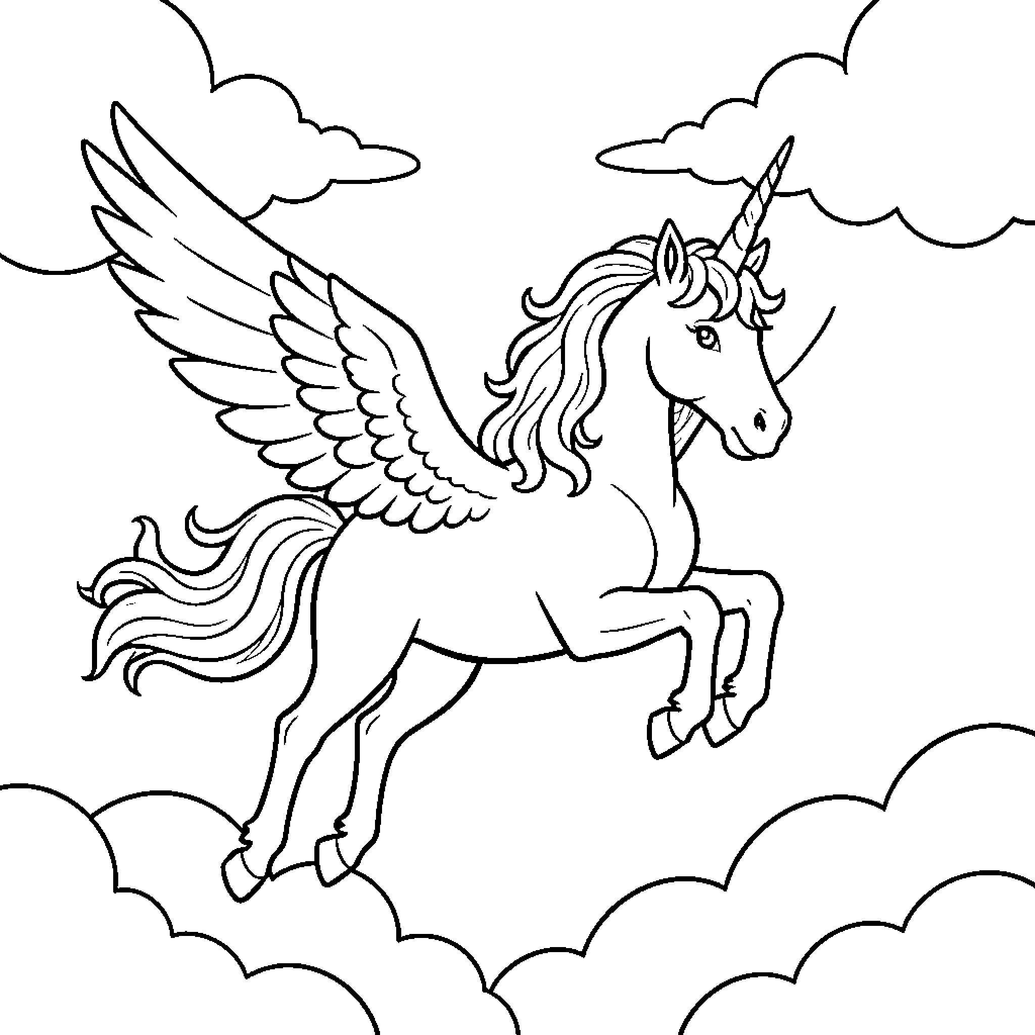 Unicorn soaring through the cloudy sky Coloring Page (free black-and-white line drawing printable PDF for all, from beginners to advanced learners, including children, teens, adults, and seniors)