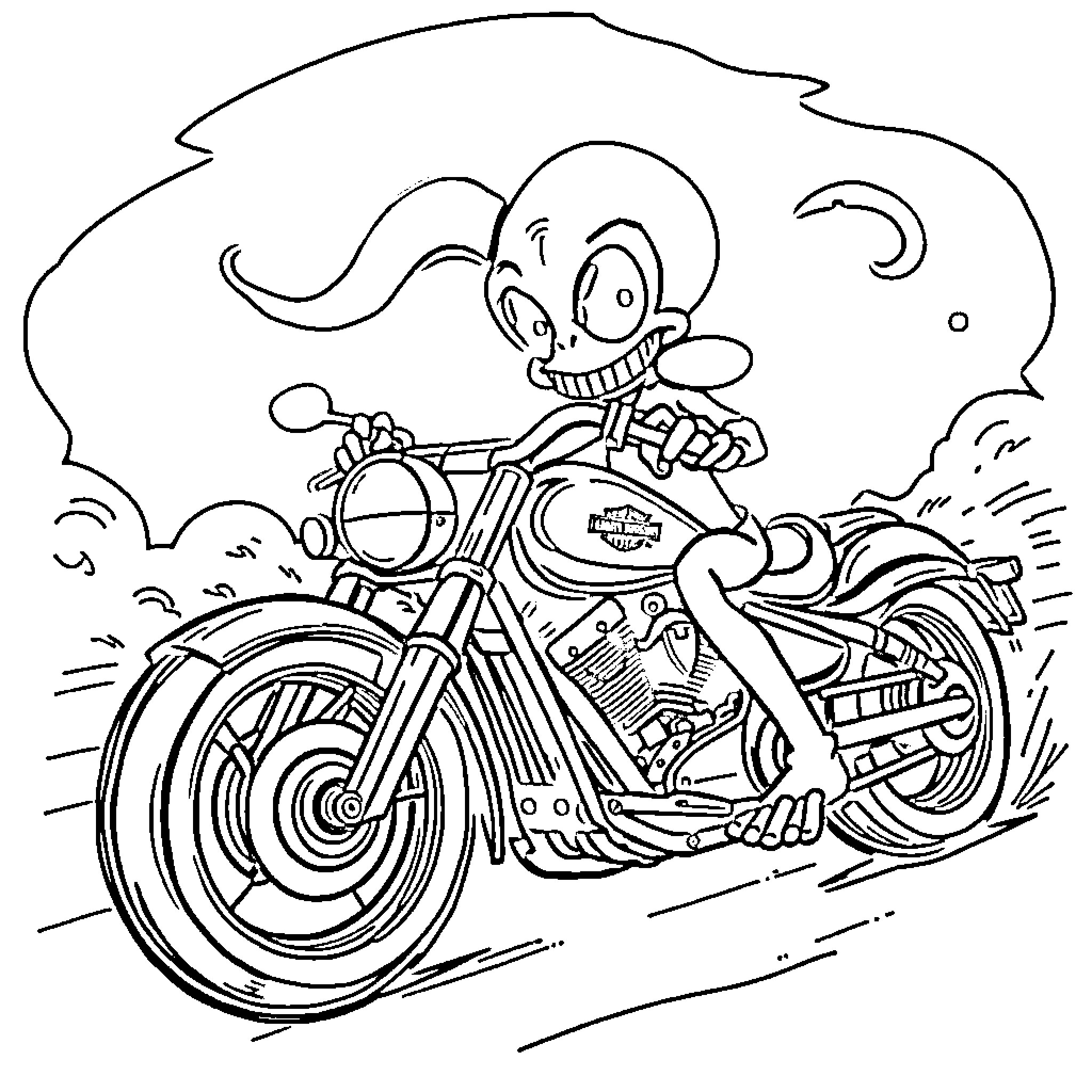 Squidward riding a motorcycle with a grin Coloring Page (free black-and-white line drawing printable PDF for all, from beginners to advanced learners, including children, teens, adults, and seniors)