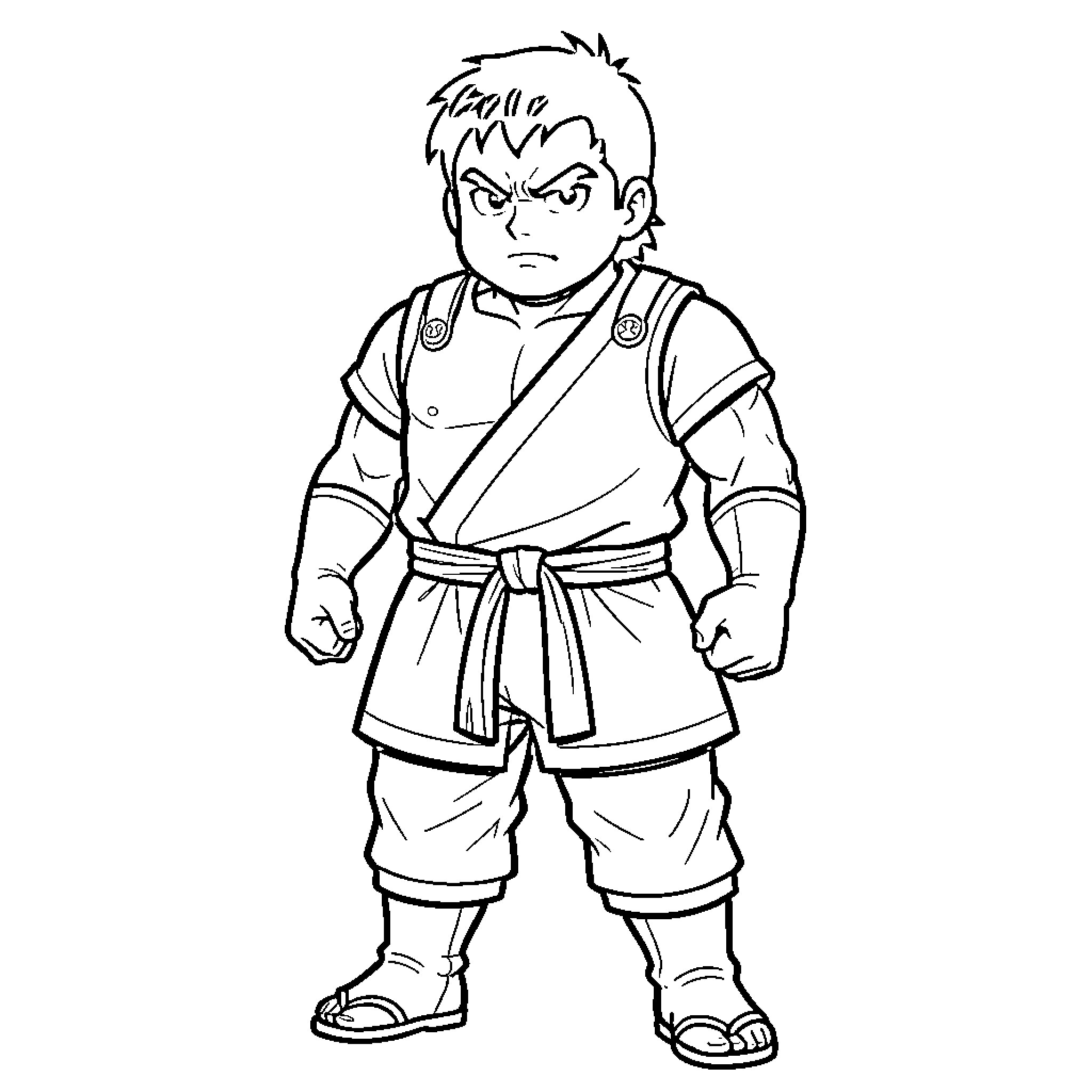 Sangoku standing with a determined and serious expression Coloring Page (free black-and-white line drawing printable PDF for all, from beginners to advanced learners, including children, teens, adults, and seniors)