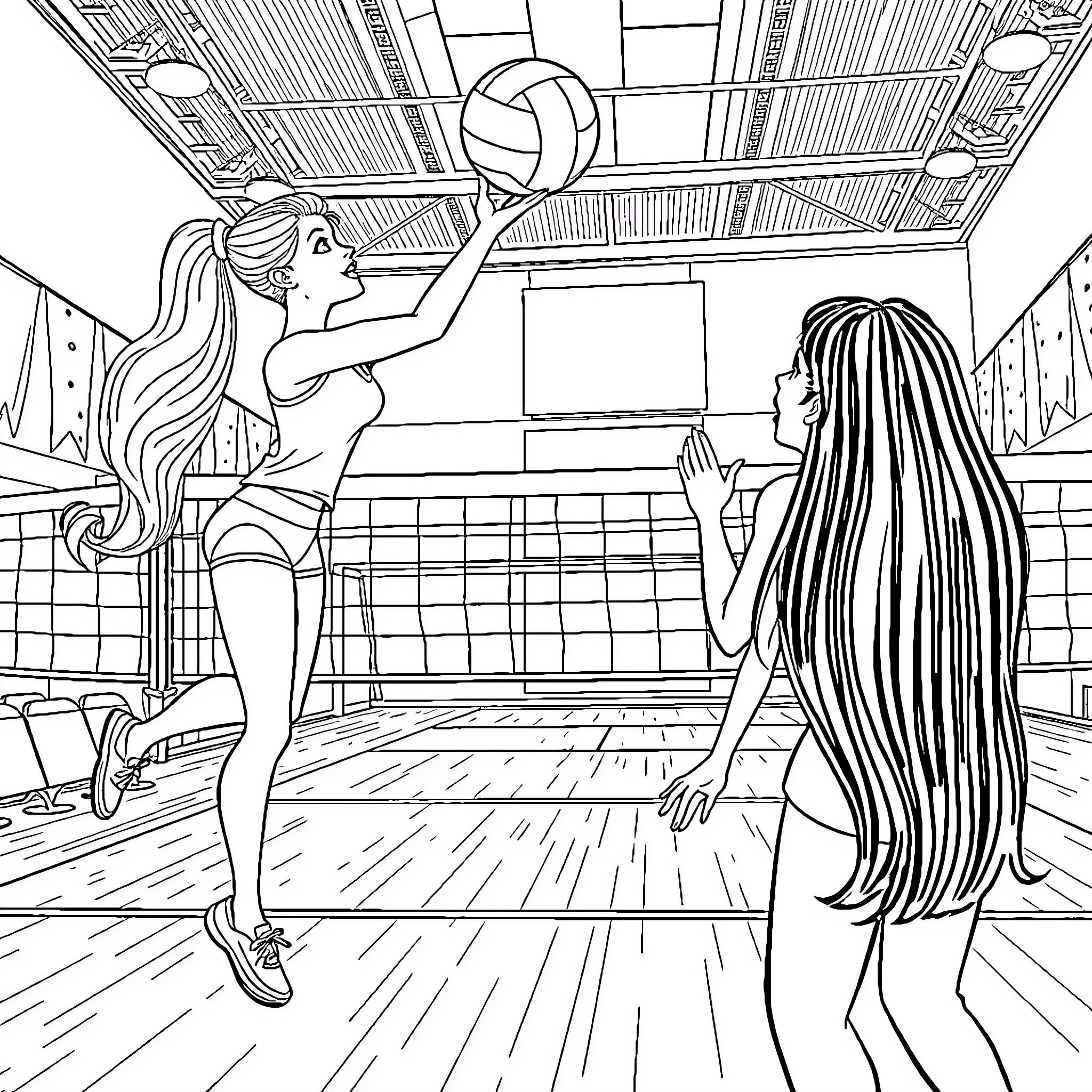 Barbie and Friend Playing Volleyball in Gym Coloring Page (free black-and-white line drawing printable PDF for all, from beginners to advanced learners, including children, teens, adults, and seniors)