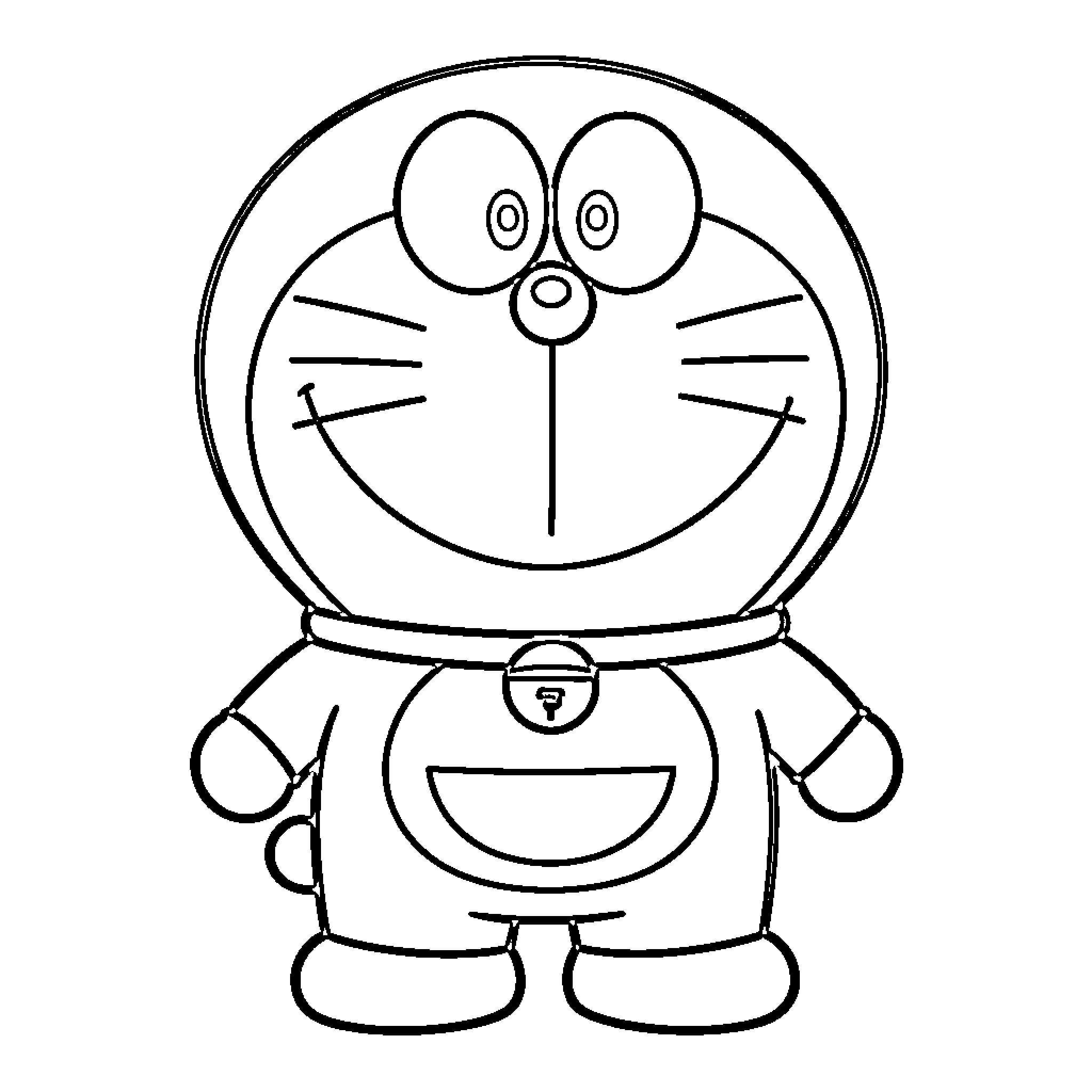 Doraemon standing happily with his iconic appearance Coloring Page (free black-and-white line drawing printable PDF for all, from beginners to advanced learners, including children, teens, adults, and seniors)