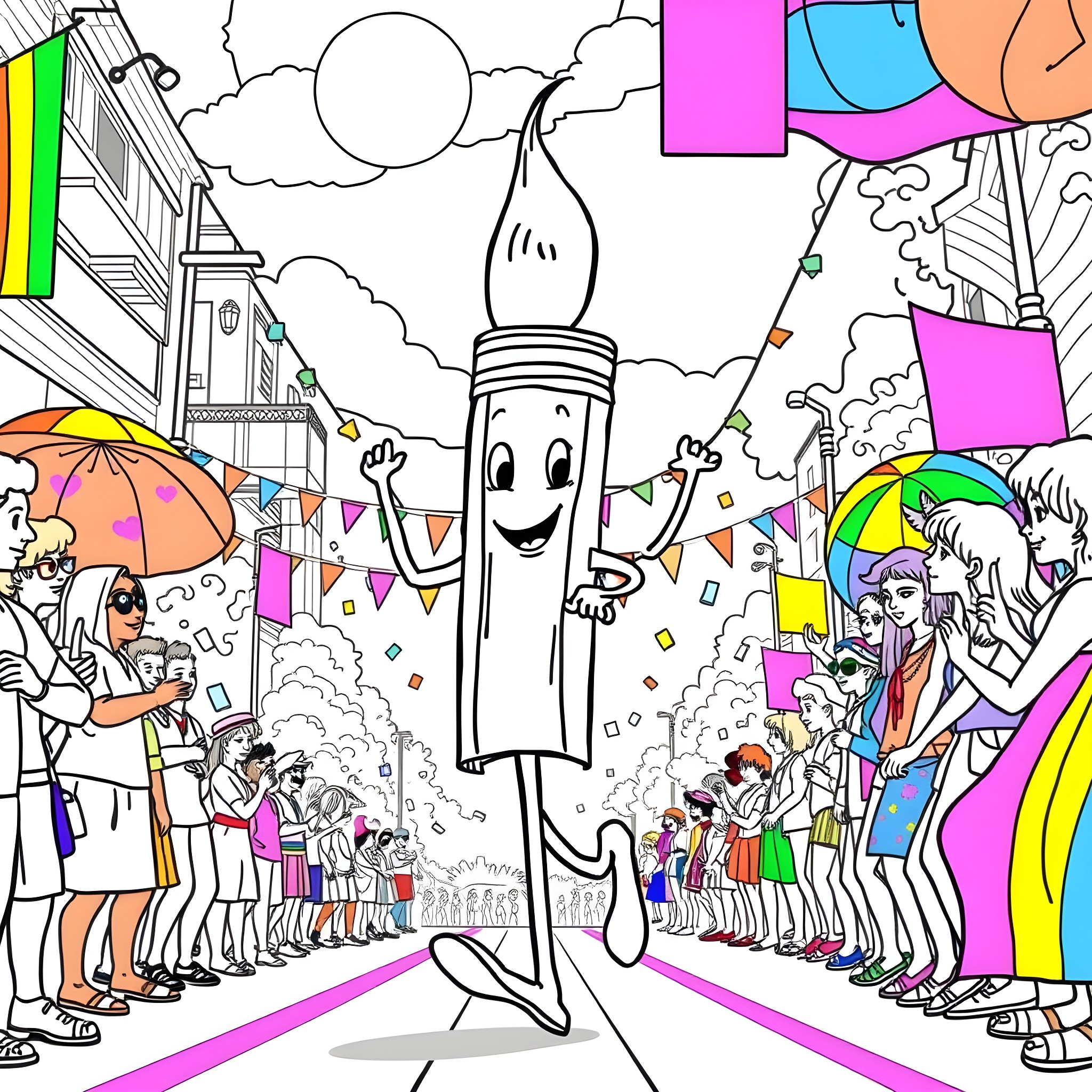 Paintbrush leading a joyful parade Coloring Page (free black-and-white line drawing printable PDF for all, from beginners to advanced learners, including children, teens, adults, and seniors)