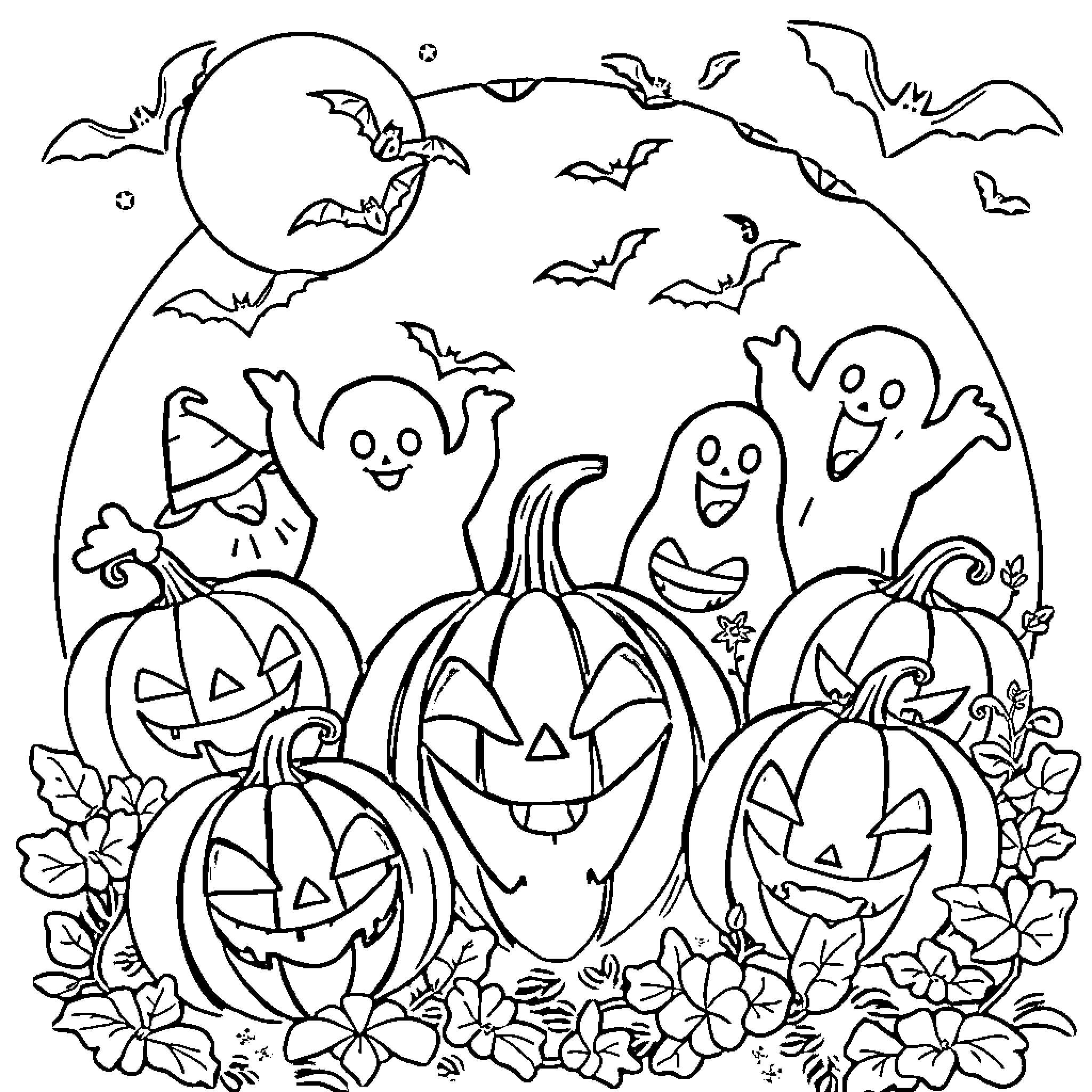 Halloween ghosts and jack-o'-lanterns in a spooky night scene Coloring Page (free black-and-white line drawing printable PDF for all, from beginners to advanced learners, including children, teens, adults, and seniors)