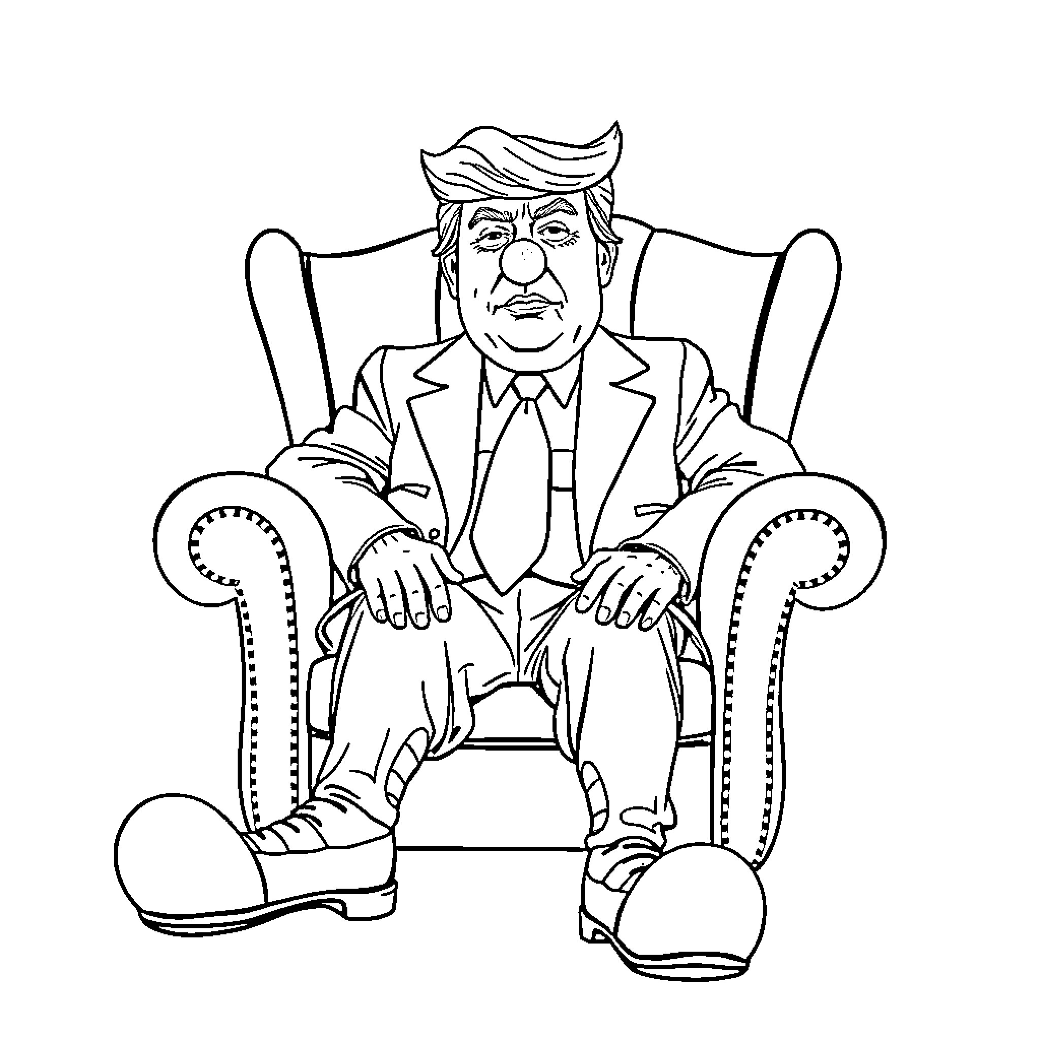 Donald Trump sitting in an ornate chair Coloring Page (free black-and-white line drawing printable PDF for all, from beginners to advanced learners, including children, teens, adults, and seniors)