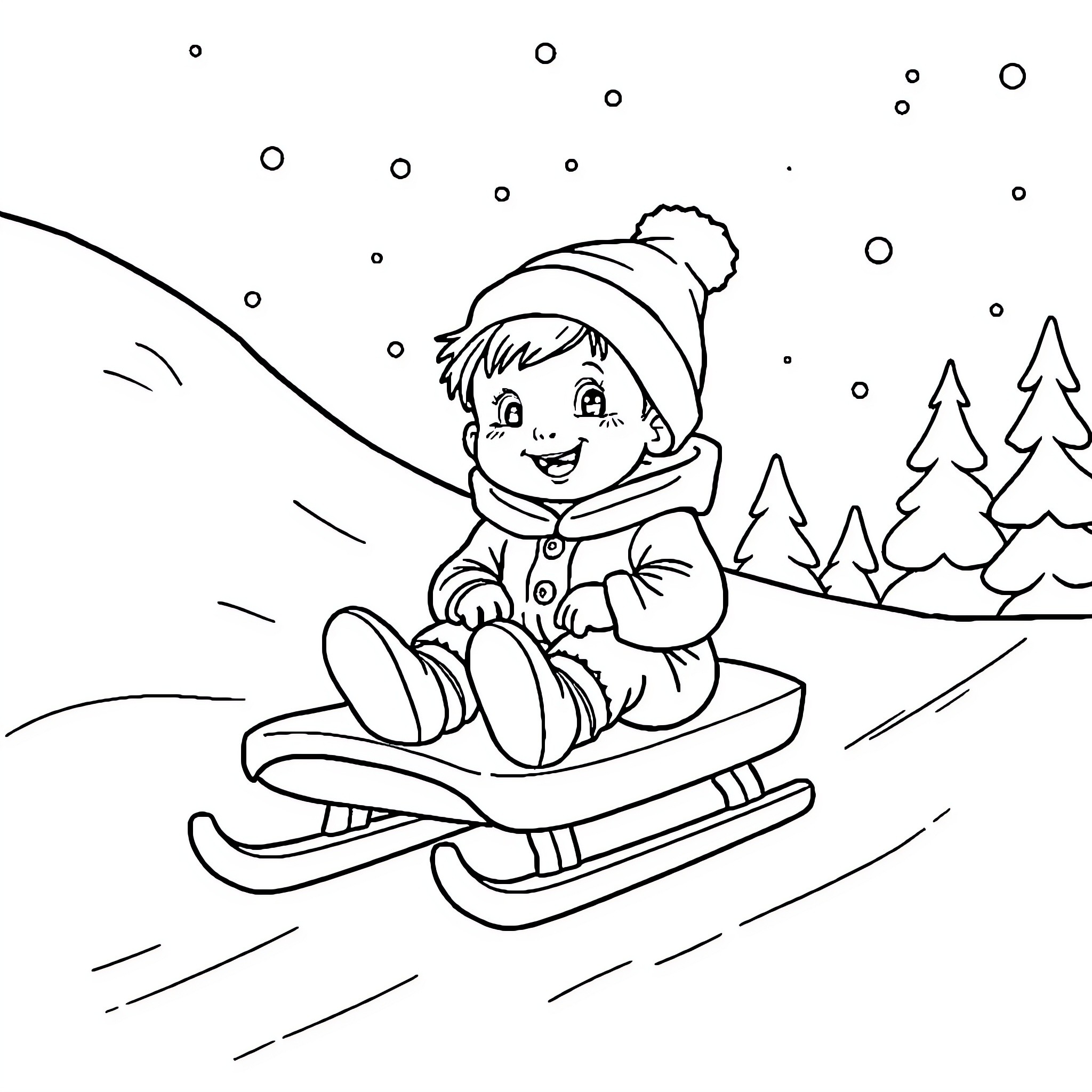 Toddler sledding on a snowy winter day Coloring Page (free black-and-white line drawing printable PDF for all, from beginners to advanced learners, including children, teens, adults, and seniors)