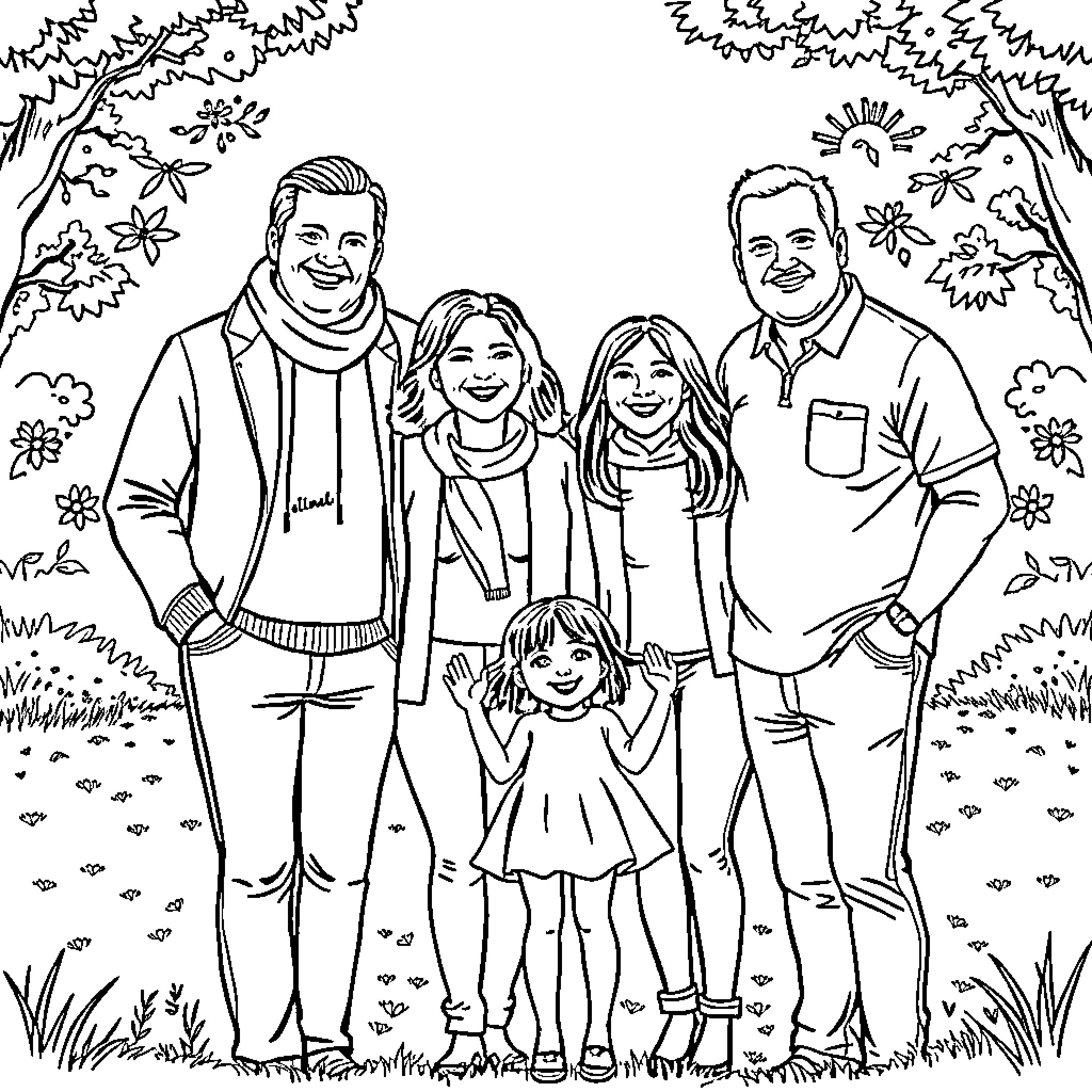 Girl with family enjoying nature outdoors Coloring Page (free black-and-white line drawing printable PDF for all, from beginners to advanced learners, including children, teens, adults, and seniors)