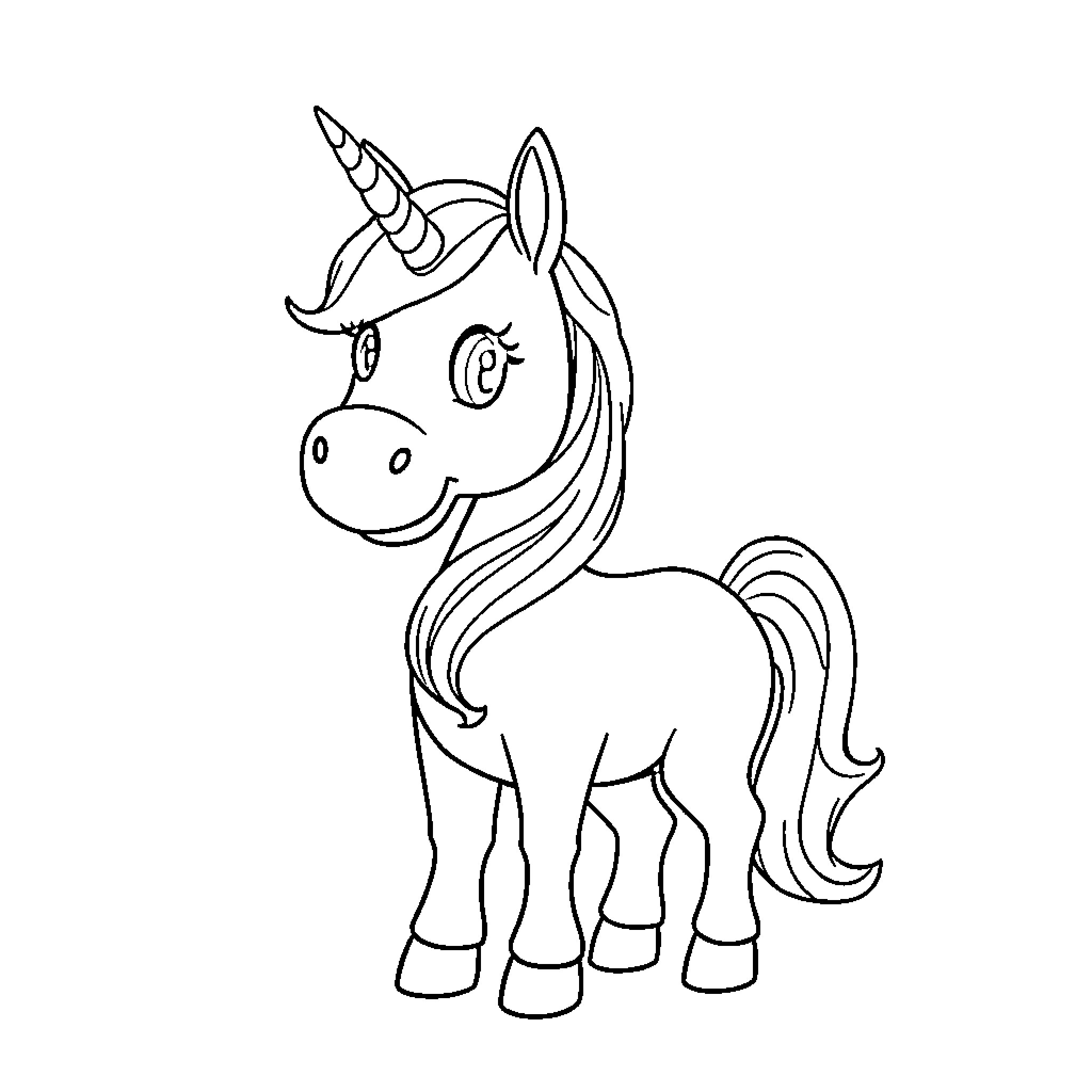 Unicorn with a Cheerful Expression Coloring Page (free black-and-white line drawing printable PDF for all, from beginners to advanced learners, including children, teens, adults, and seniors)