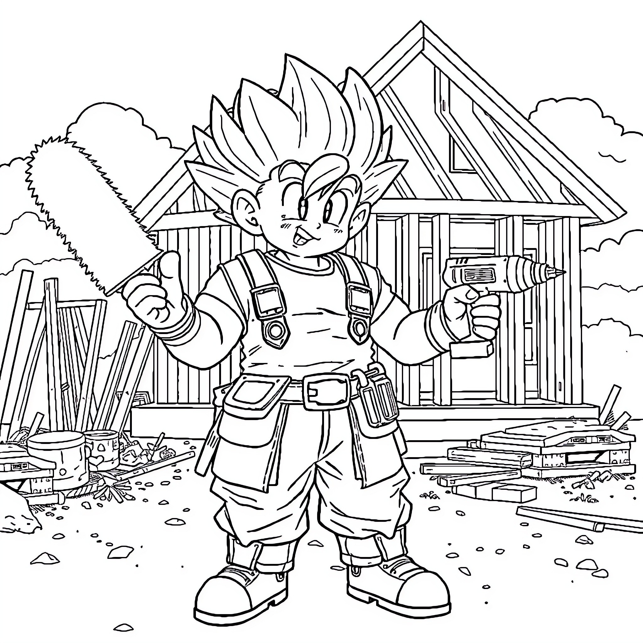 Fajita Boy Battles in Construction Site Coloring Page (free black-and-white line drawing printable PDF for all, from beginners to advanced learners, including children, teens, adults, and seniors)