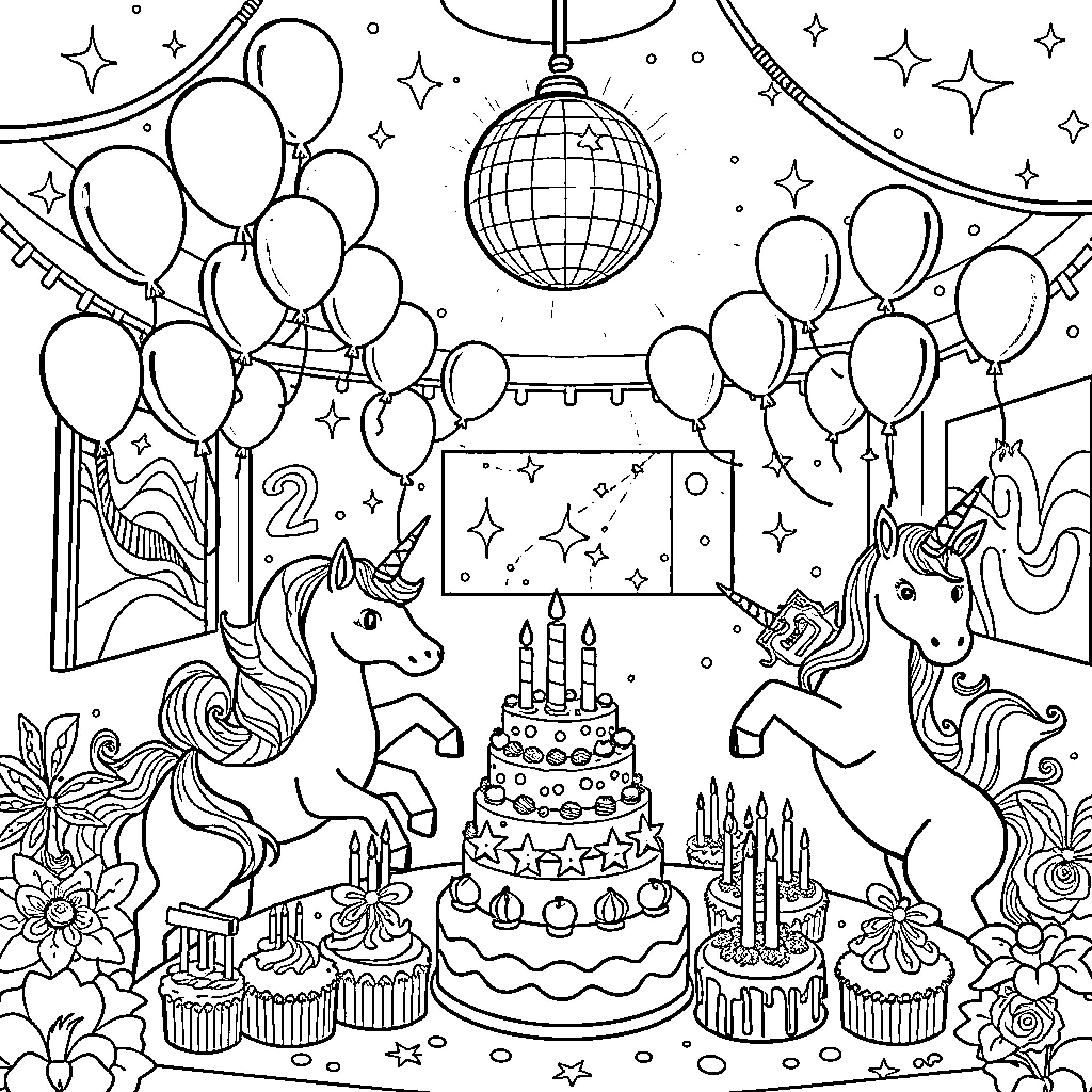 Unicorn Birthday Celebration with Balloons and Cake Coloring Page (free black-and-white line drawing printable PDF for all, from beginners to advanced learners, including children, teens, adults, and seniors)