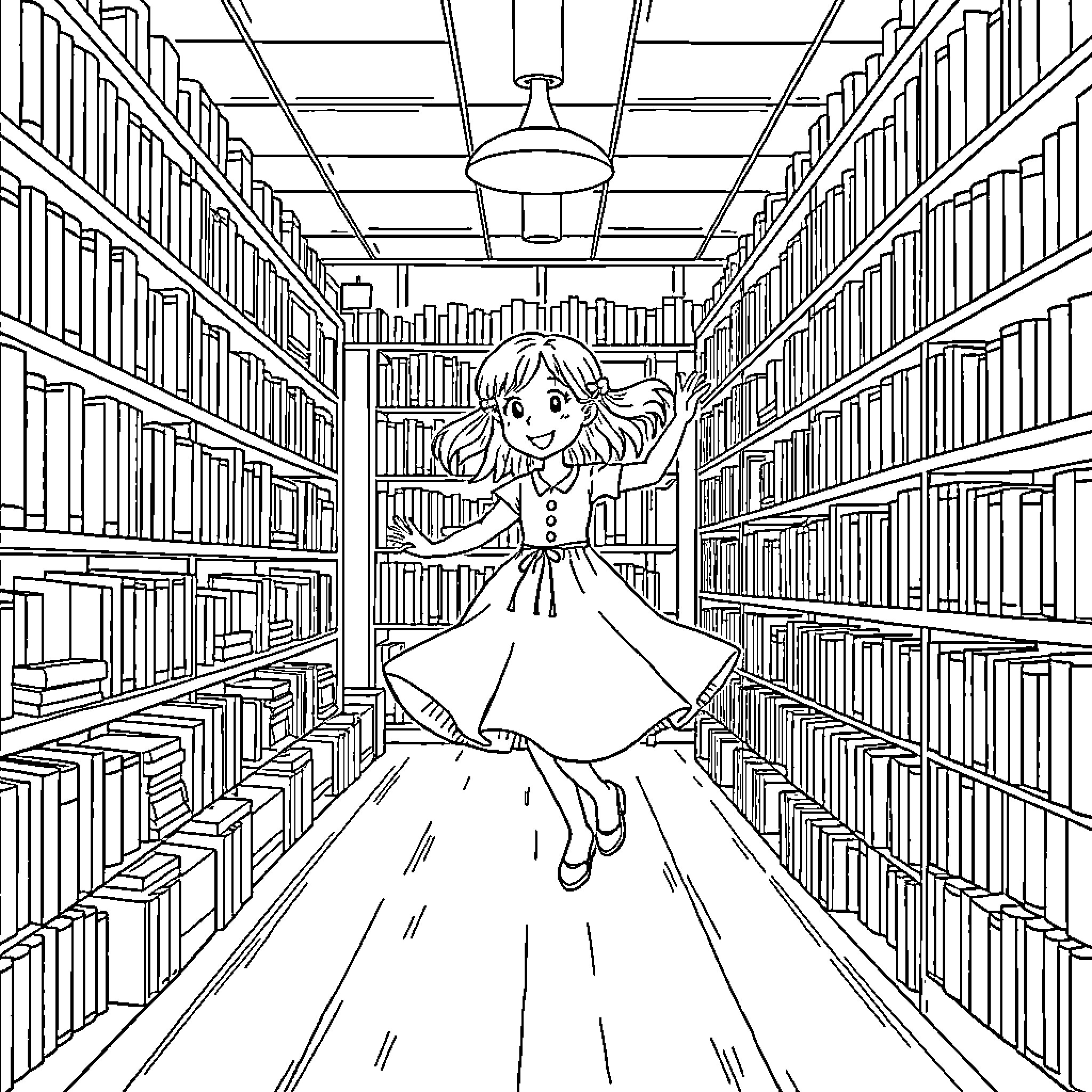 Girl exploring the enchanting library Coloring Page (free black-and-white line drawing printable PDF for all, from beginners to advanced learners, including children, teens, adults, and seniors)