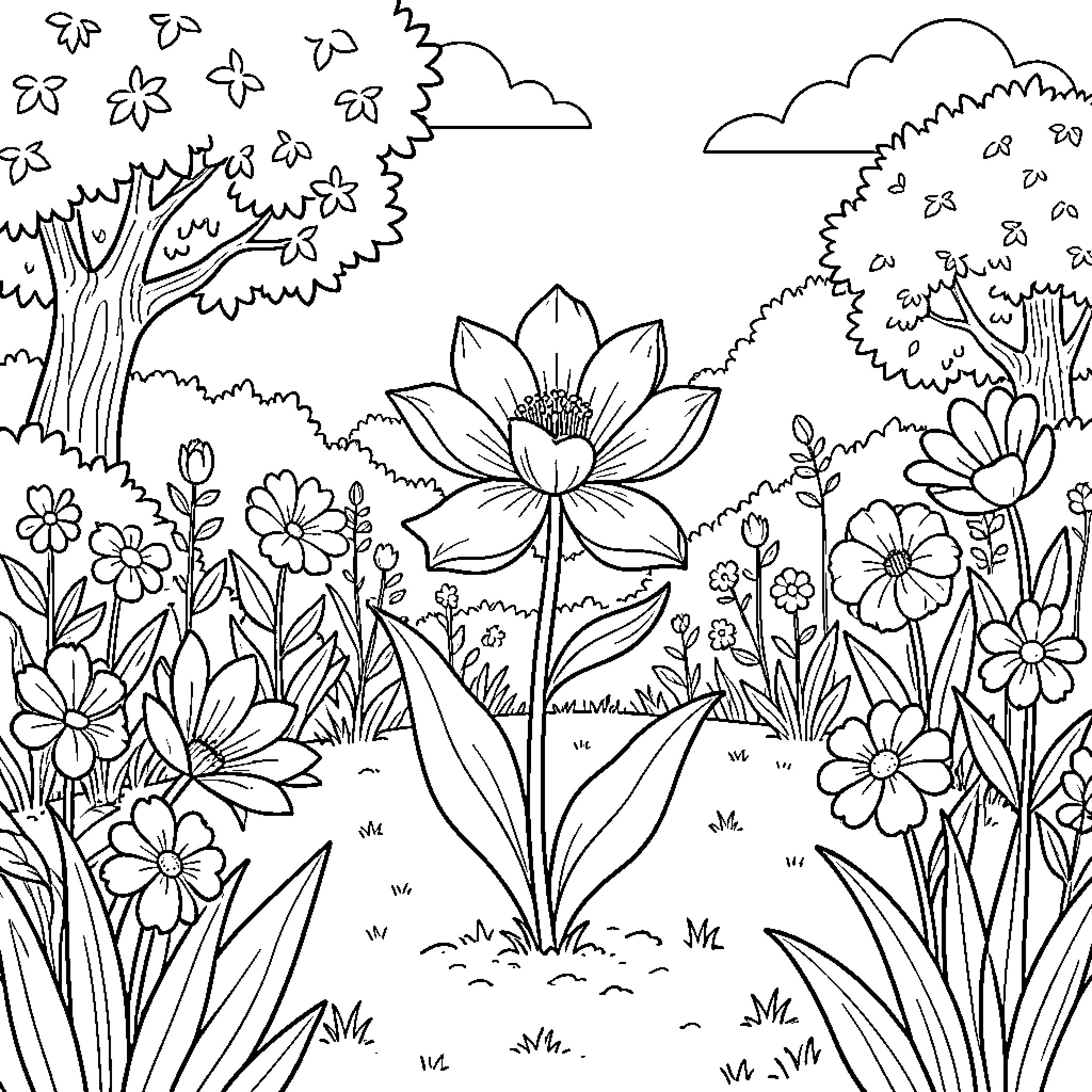 Flower blooming amidst a lush garden landscape Coloring Page (free black-and-white line drawing printable PDF for all, from beginners to advanced learners, including children, teens, adults, and seniors)