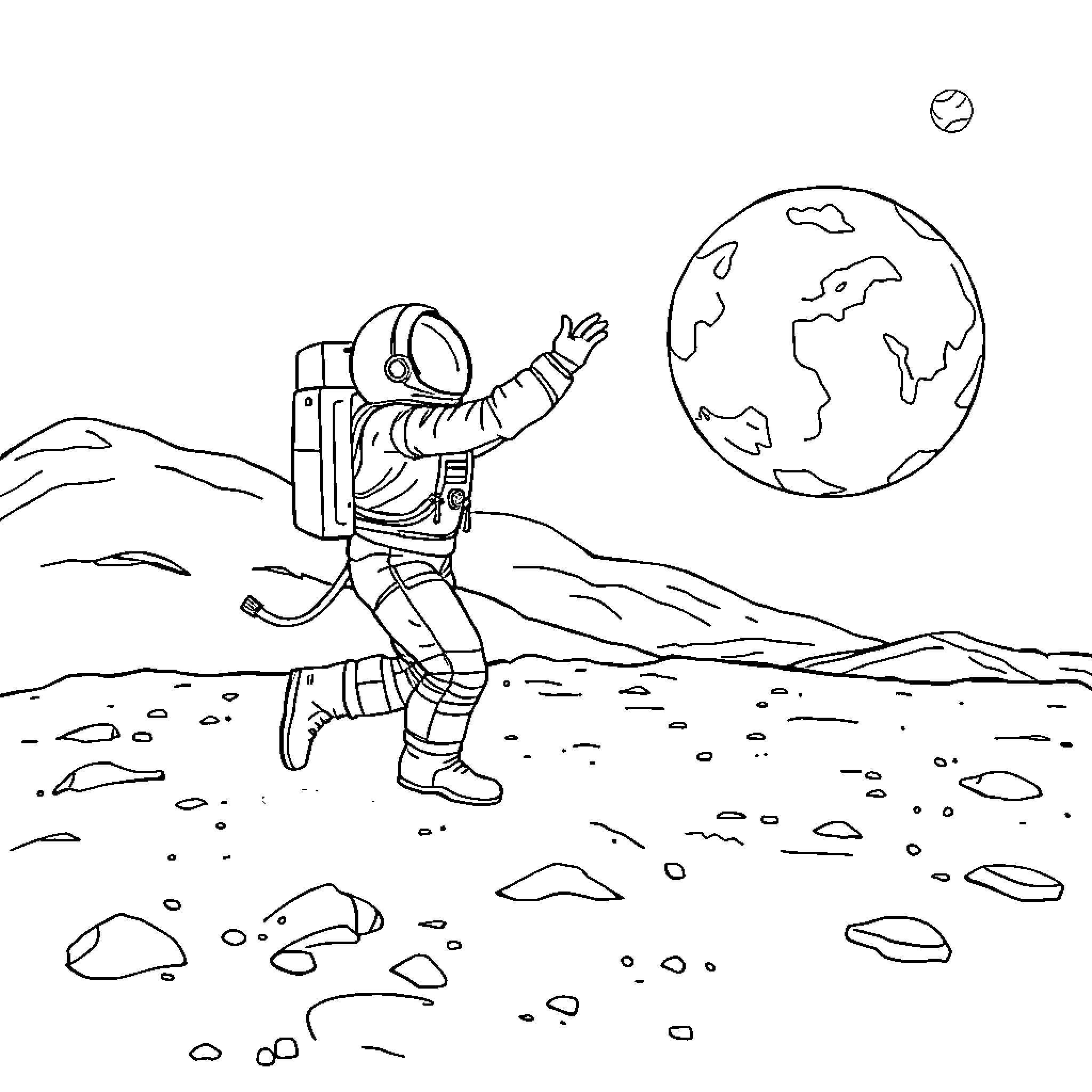 Astronaut exploring the lunar landscape Coloring Page (free black-and-white line drawing printable PDF for all, from beginners to advanced learners, including children, teens, adults, and seniors)