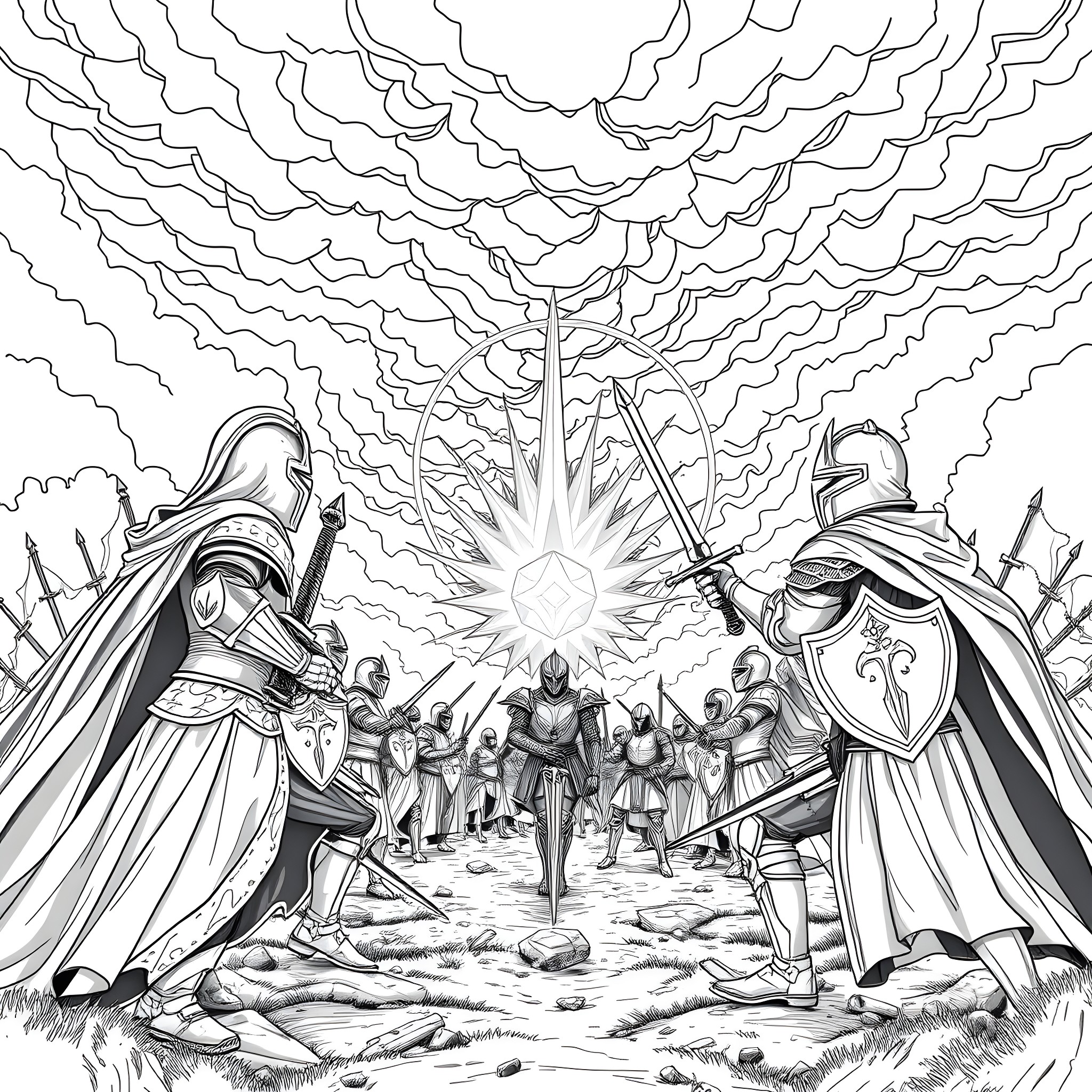 Gemstone warriors engaged in epic battle Coloring Page (free black-and-white line drawing printable PDF for all, from beginners to advanced learners, including children, teens, adults, and seniors)
