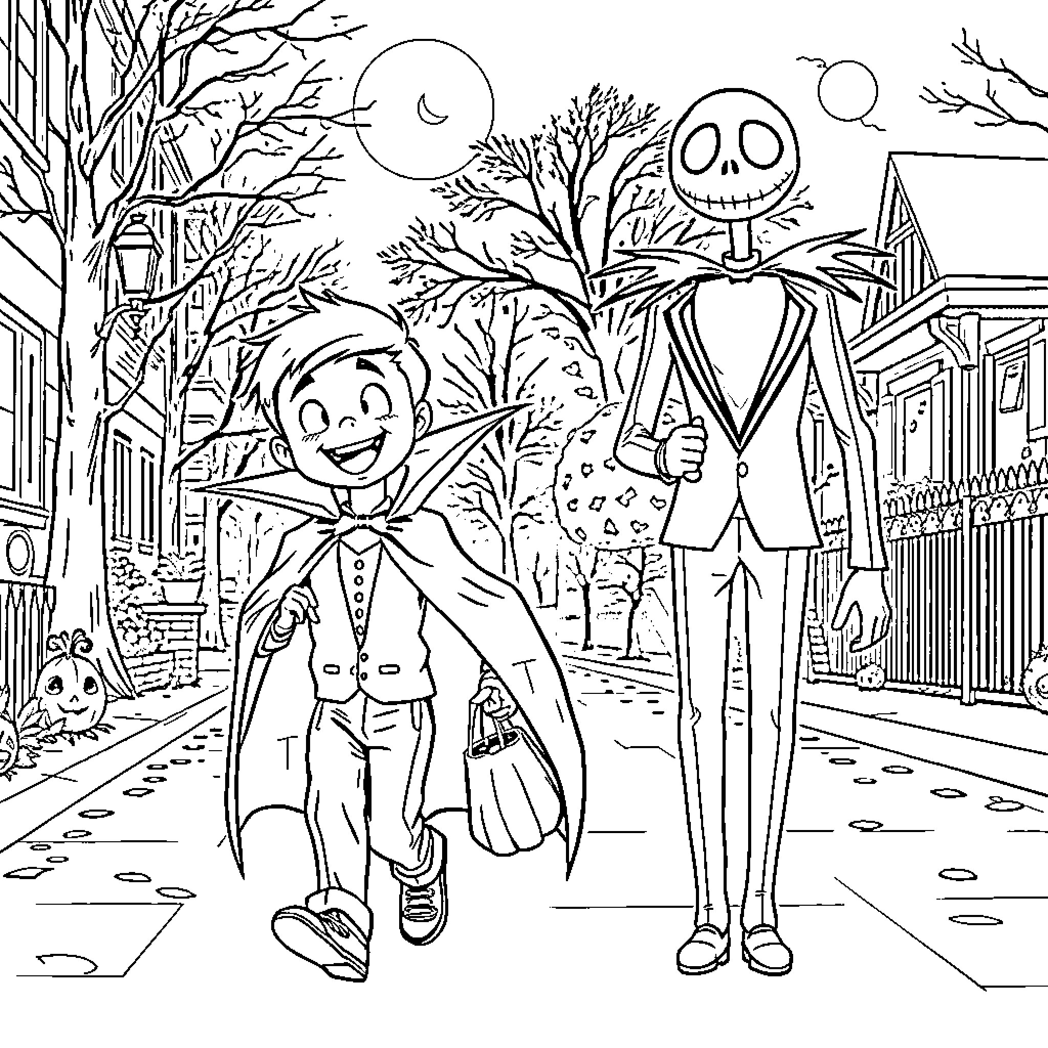 Boy joyfully walks with Halloween character on spooky street Coloring Page (free black-and-white line drawing printable PDF for all, from beginners to advanced learners, including children, teens, adults, and seniors)
