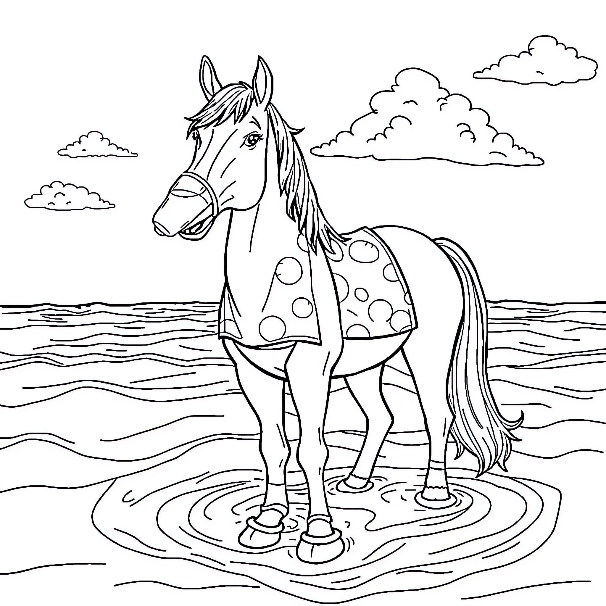 Horse splashing in puddle on beach Coloring Page (free black-and-white line drawing printable PDF for all, from beginners to advanced learners, including children, teens, adults, and seniors)
