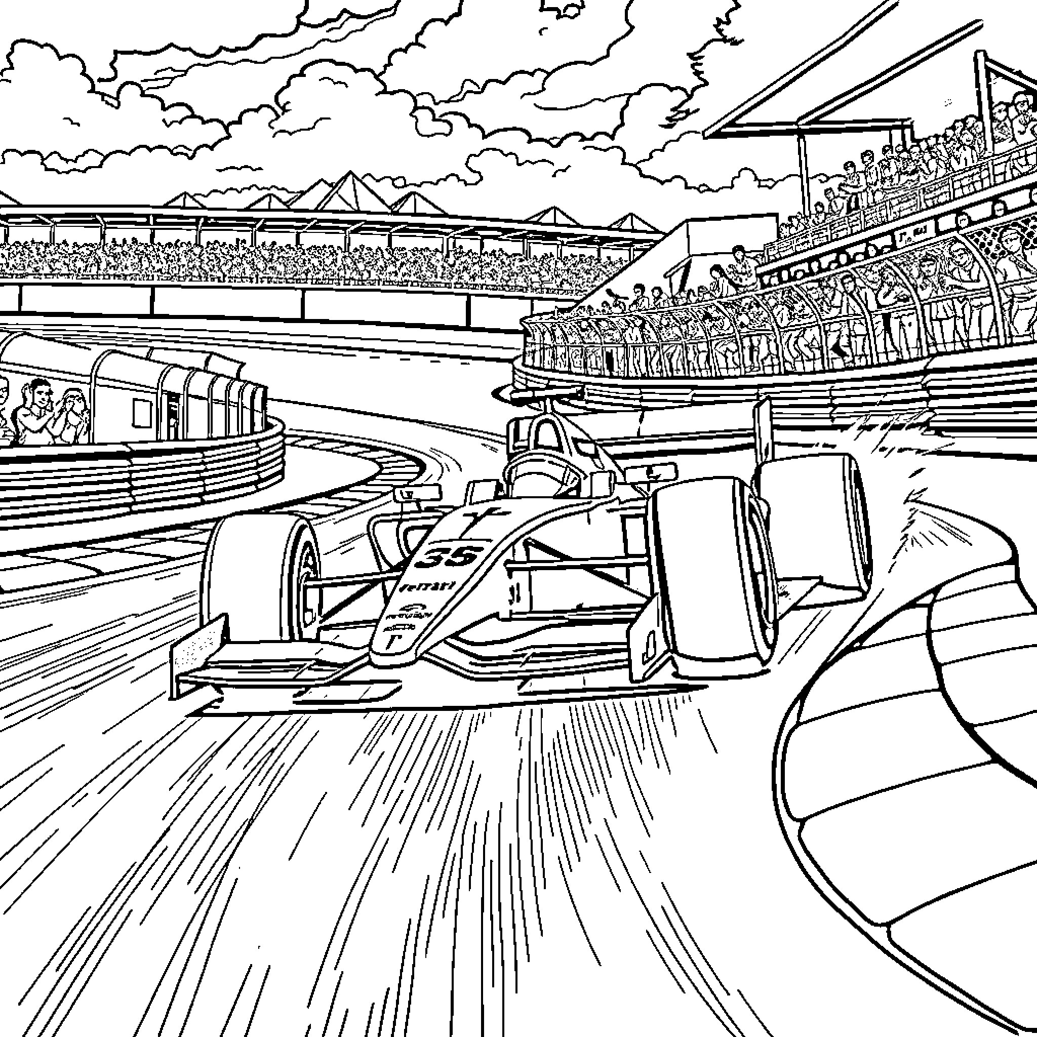 Ferrari racing at high-speed Formula One circuit Coloring Page (free black-and-white line drawing printable PDF for all, from beginners to advanced learners, including children, teens, adults, and seniors)