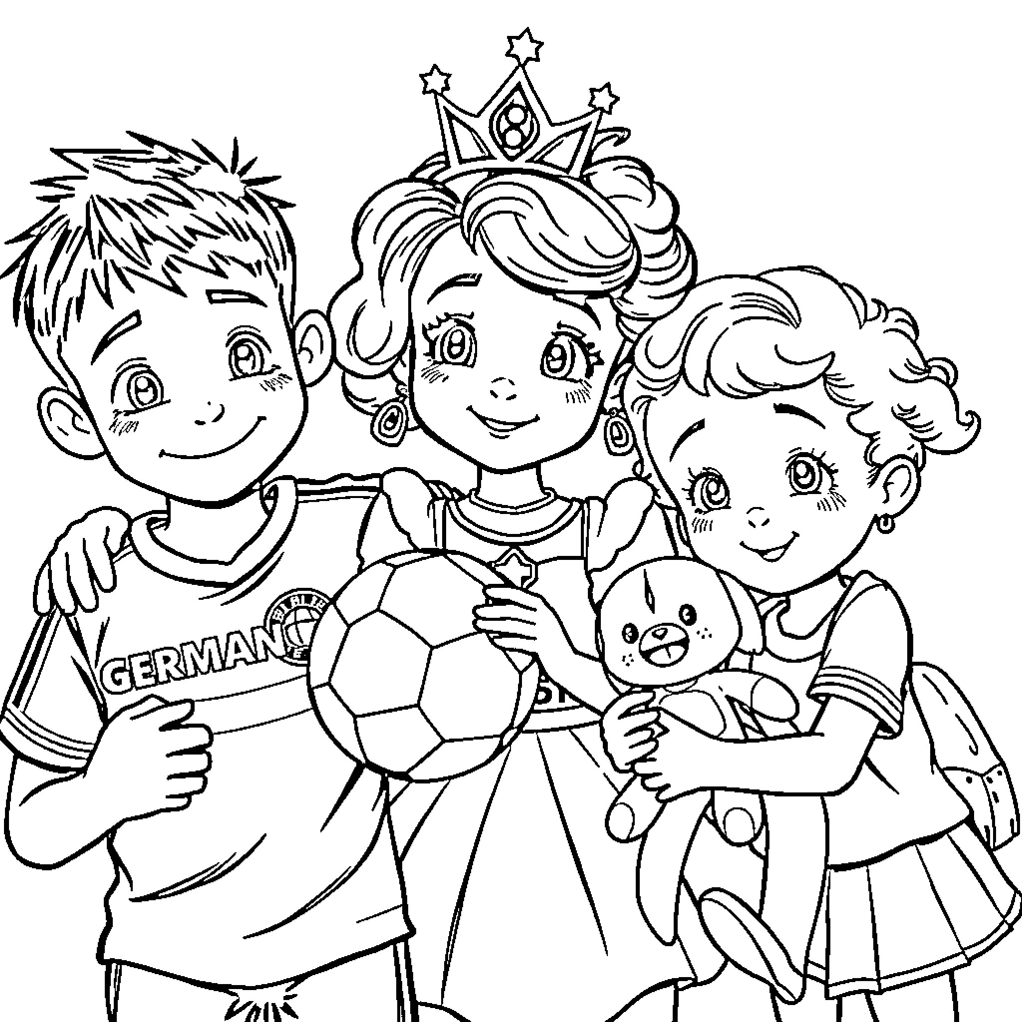 Kid Playmates Enjoy Sports and Games Together Coloring Page (free black-and-white line drawing printable PDF for all, from beginners to advanced learners, including children, teens, adults, and seniors)