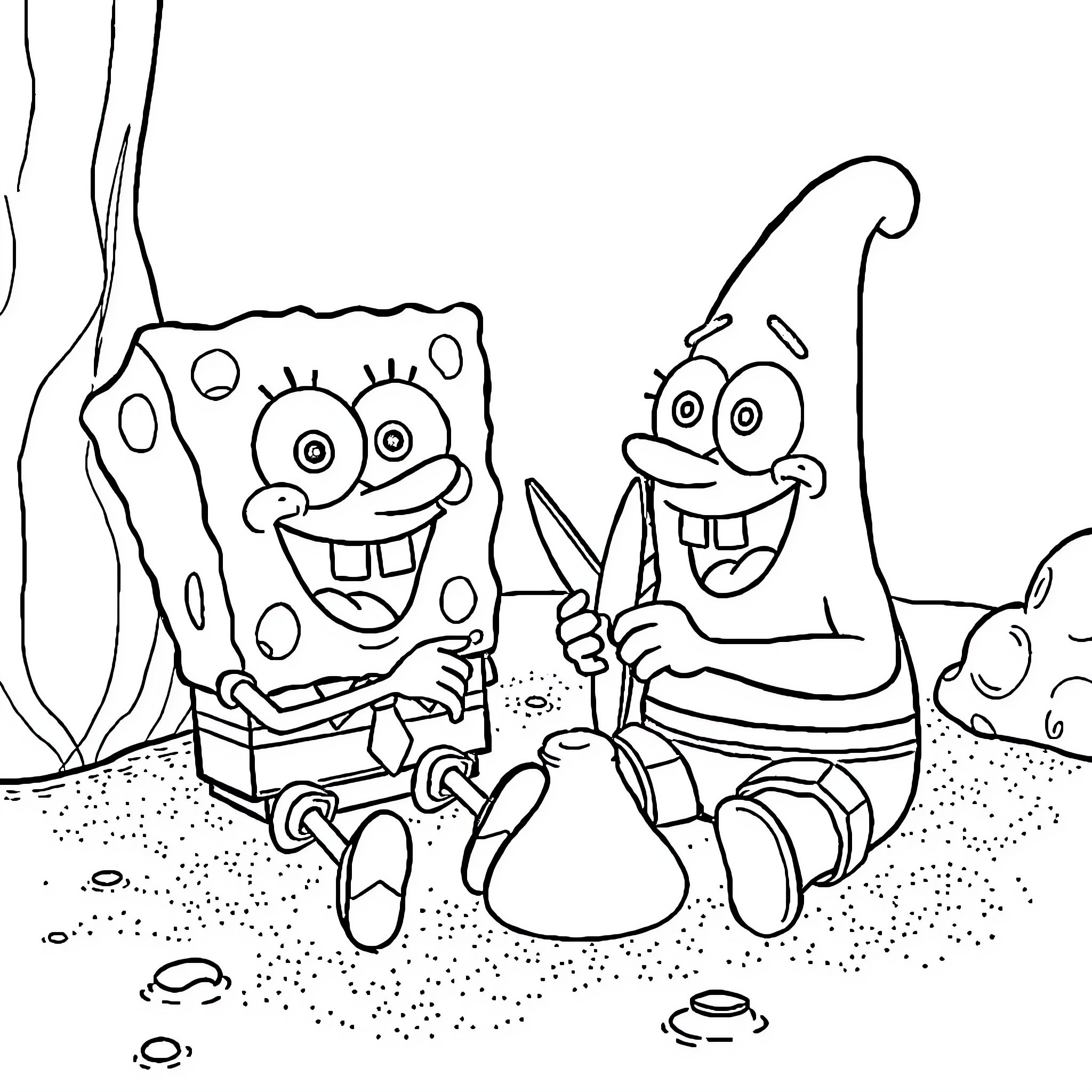 Spongebob and Patrick enjoying a funny adventure Coloring Page (free black-and-white line drawing printable PDF for all, from beginners to advanced learners, including children, teens, adults, and seniors)