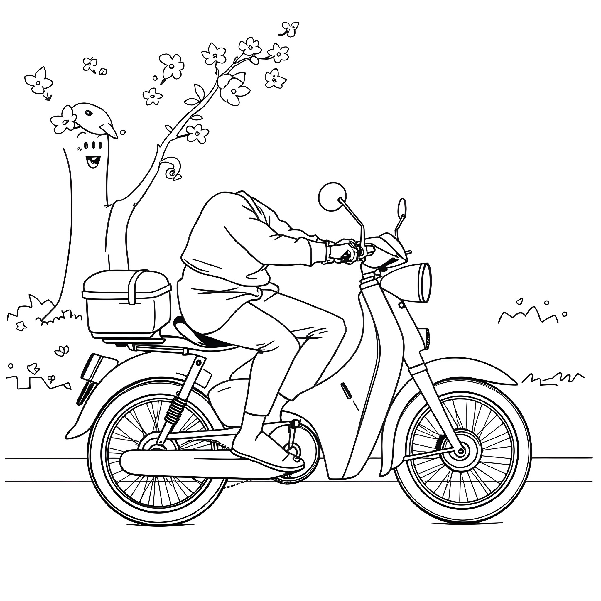 Rabbi riding a motorcycle through a floral landscape Coloring Page (free black-and-white line drawing printable PDF for all, from beginners to advanced learners, including children, teens, adults, and seniors)