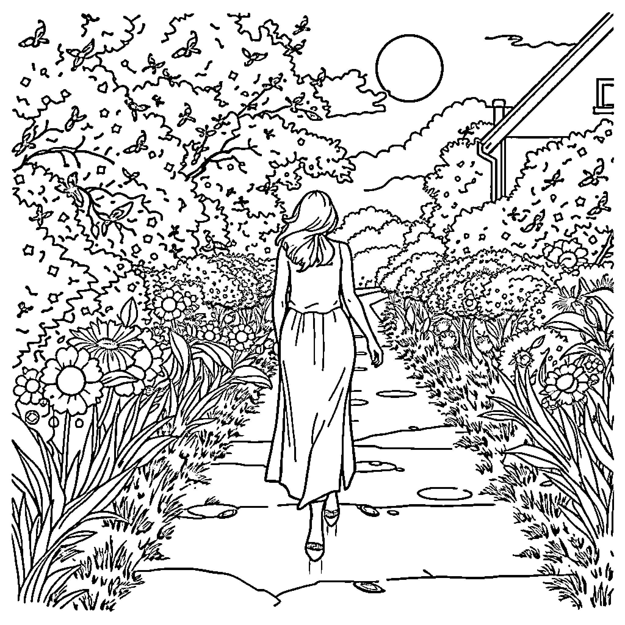 Woman walking alone in peaceful nature Coloring Page (free black-and-white line drawing printable PDF for all, from beginners to advanced learners, including children, teens, adults, and seniors)