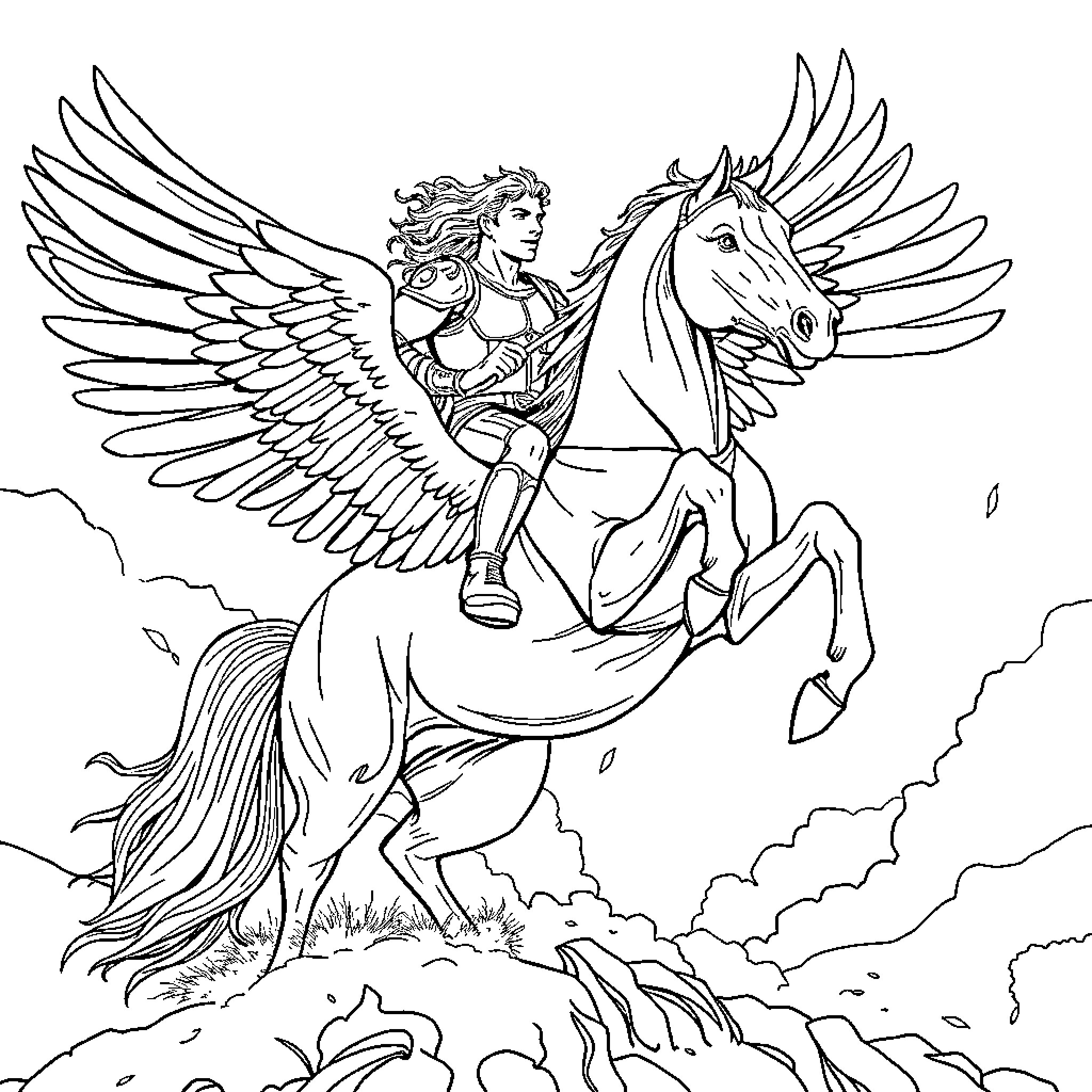 Pegasus Knight soaring through the sky Coloring Page (free black-and-white line drawing printable PDF for all, from beginners to advanced learners, including children, teens, adults, and seniors)