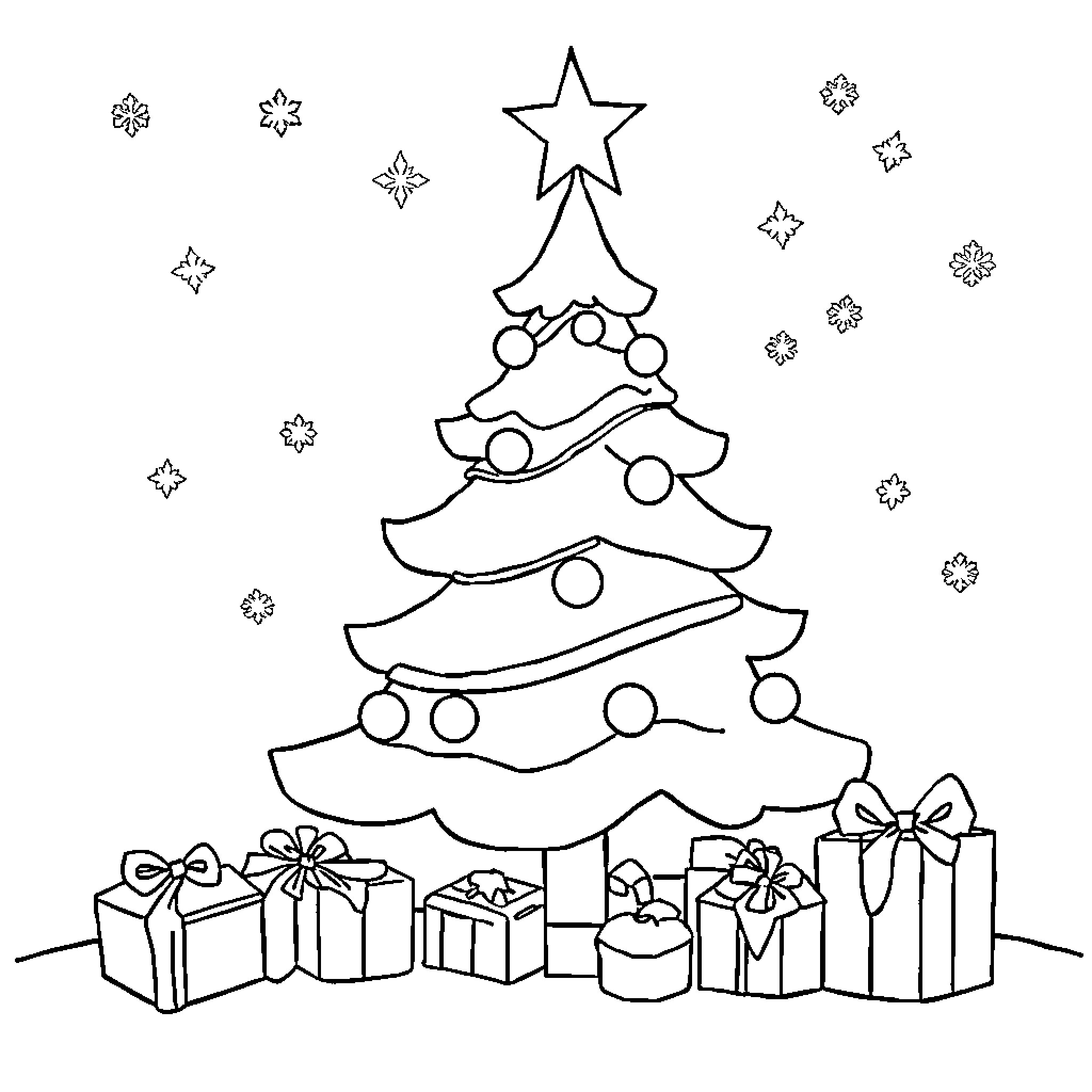 Christmas tree with decorations and gifts Coloring Page (free black-and-white line drawing printable PDF for all, from beginners to advanced learners, including children, teens, adults, and seniors)