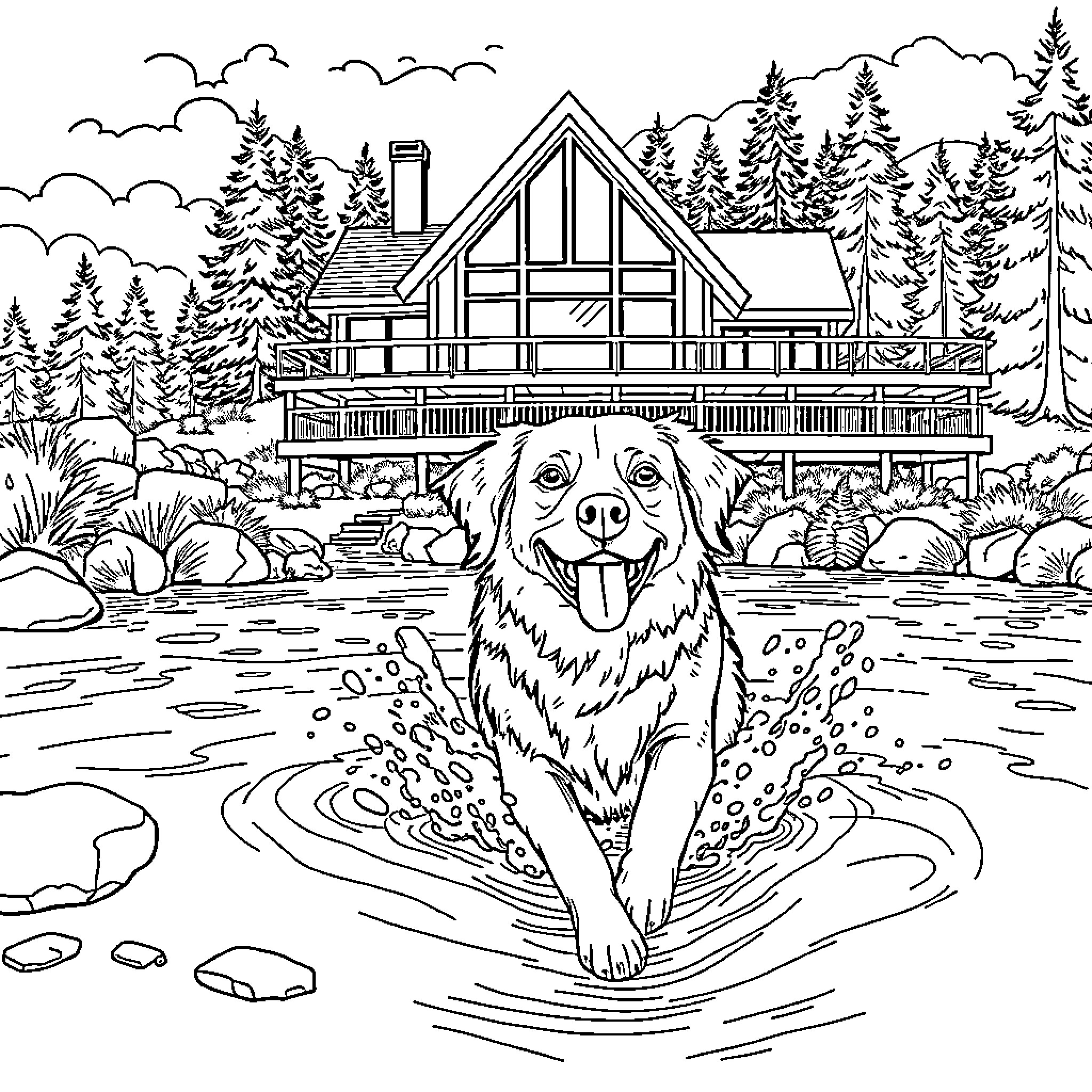 Dog Enjoying the Outdoors Near a Cabin Coloring Page (free black-and-white line drawing printable PDF for all, from beginners to advanced learners, including children, teens, adults, and seniors)