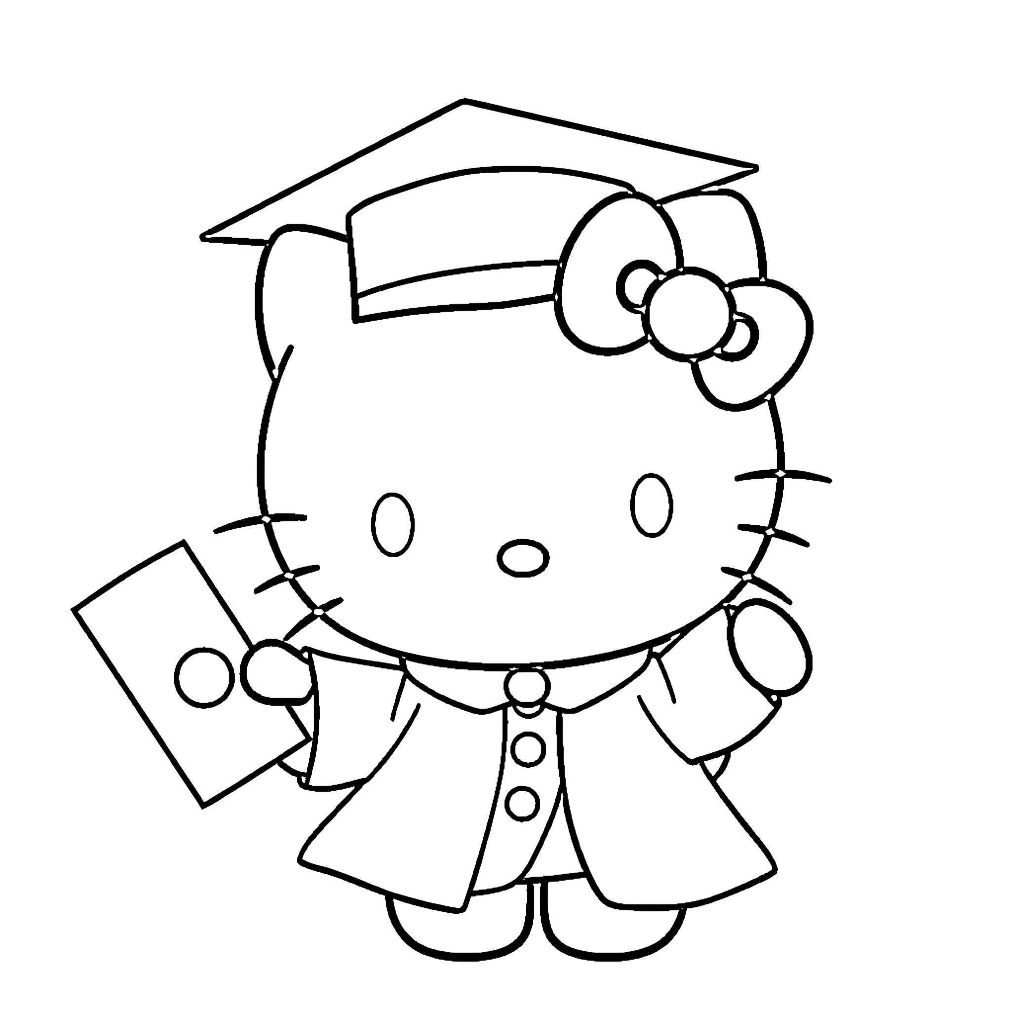 Hello Kitty graduating with diploma Coloring Page (free black-and-white line drawing printable PDF for all, from beginners to advanced learners, including children, teens, adults, and seniors)