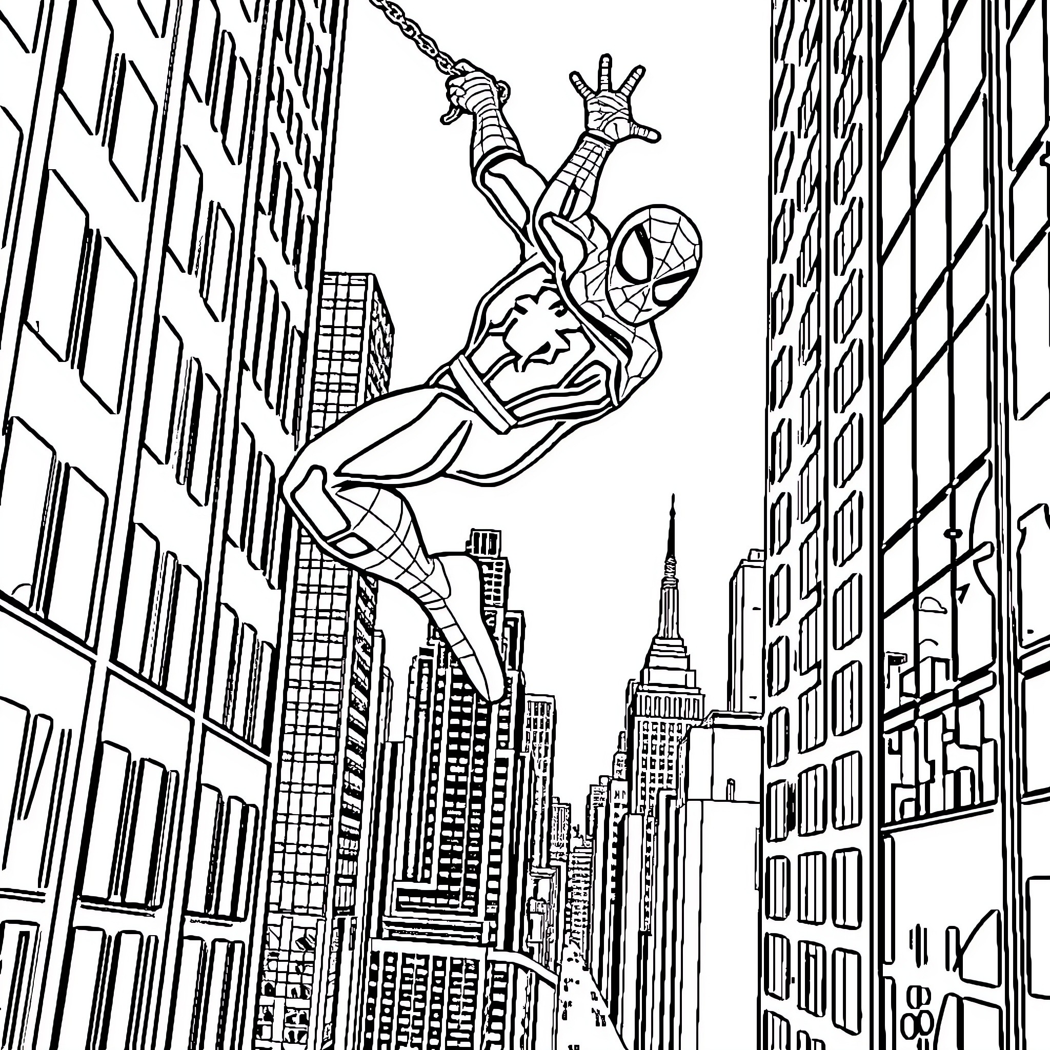 Spider-Man swinging through the city skyline Coloring Page (free black-and-white line drawing printable PDF for all, from beginners to advanced learners, including children, teens, adults, and seniors)
