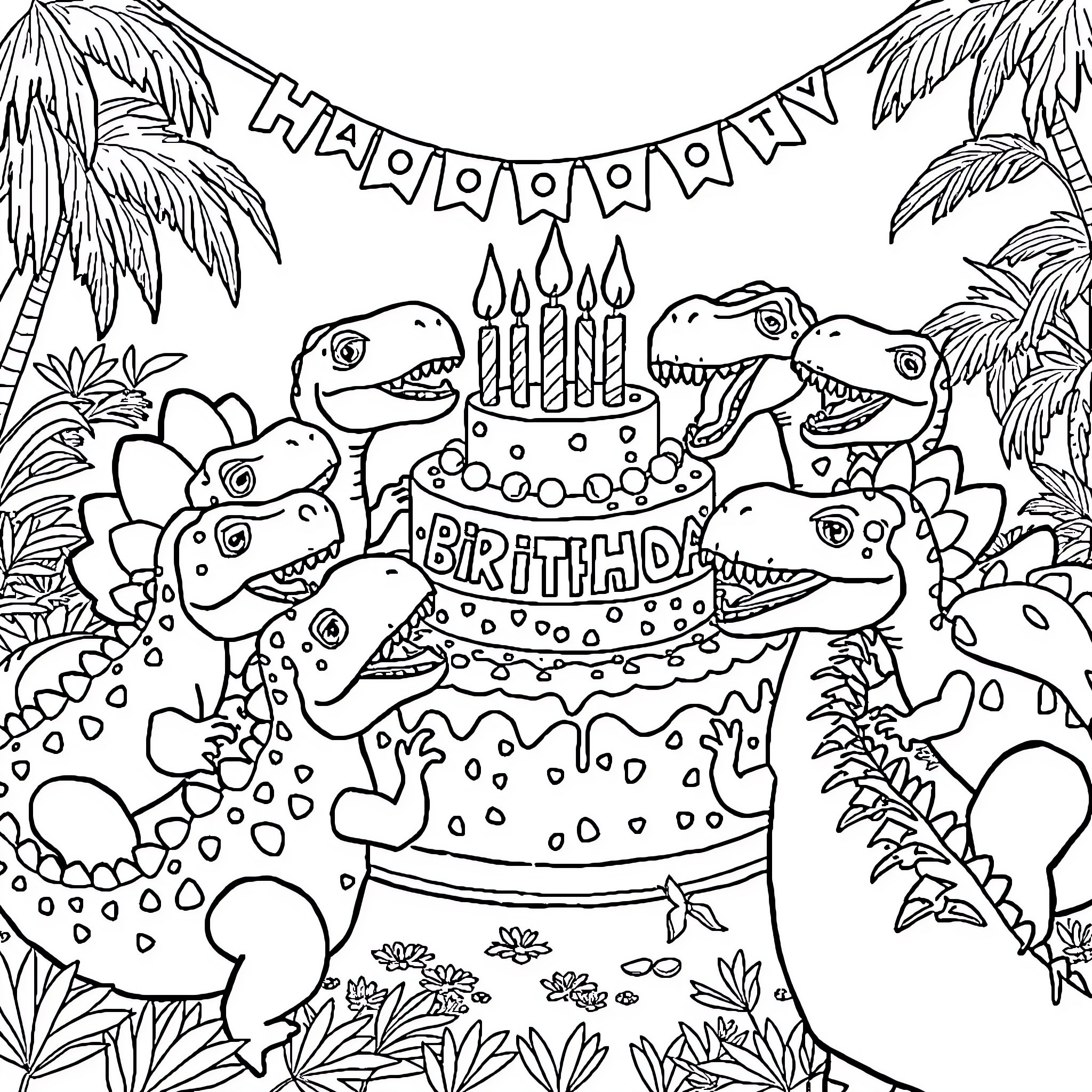Dinosaur Birthday Party with Cake and Decorations Coloring Page (free black-and-white line drawing printable PDF for all, from beginners to advanced learners, including children, teens, adults, and seniors)
