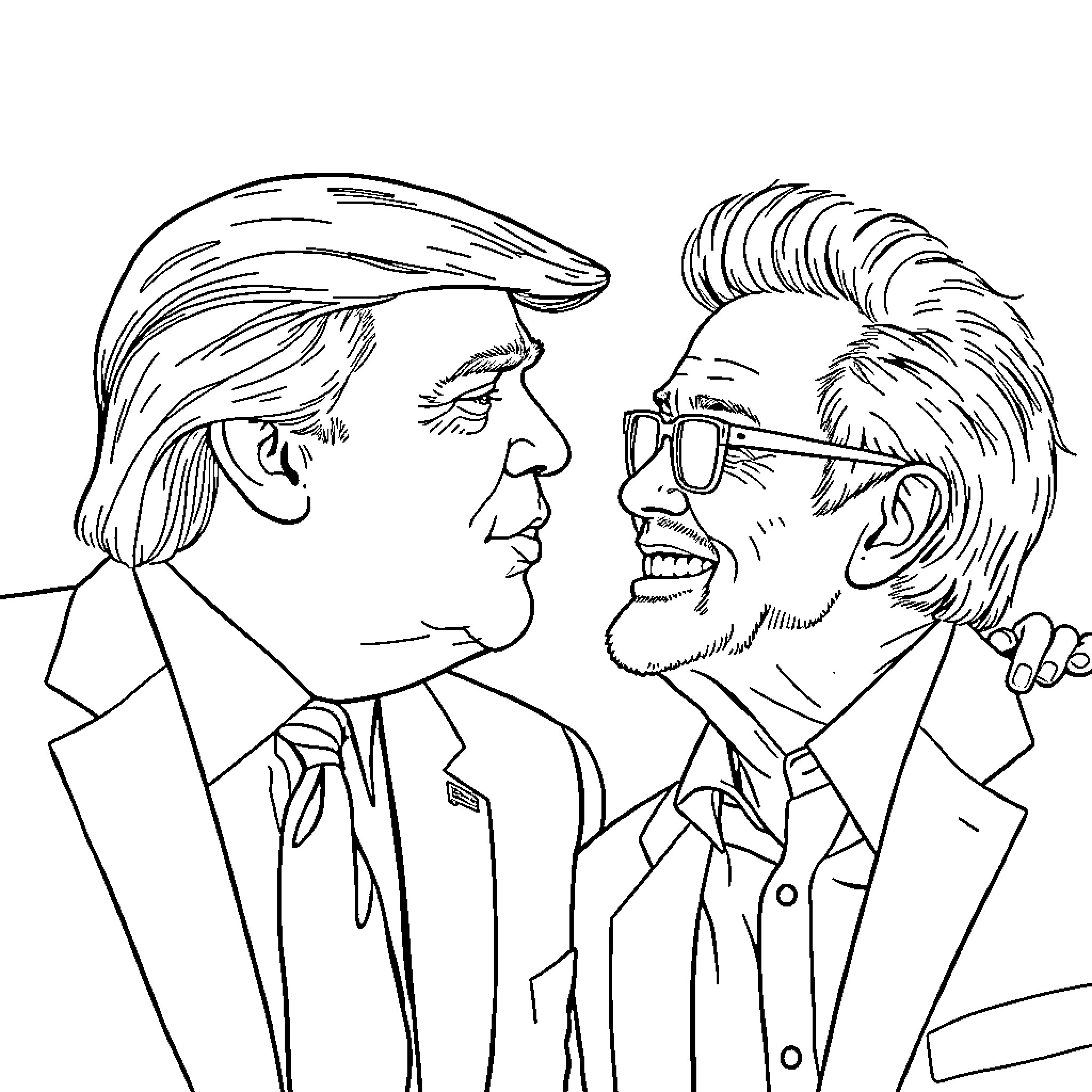 Donald Trump and Brad Pitt in a Heated Confrontation Coloring Page (free black-and-white line drawing printable PDF for all, from beginners to advanced learners, including children, teens, adults, and seniors)