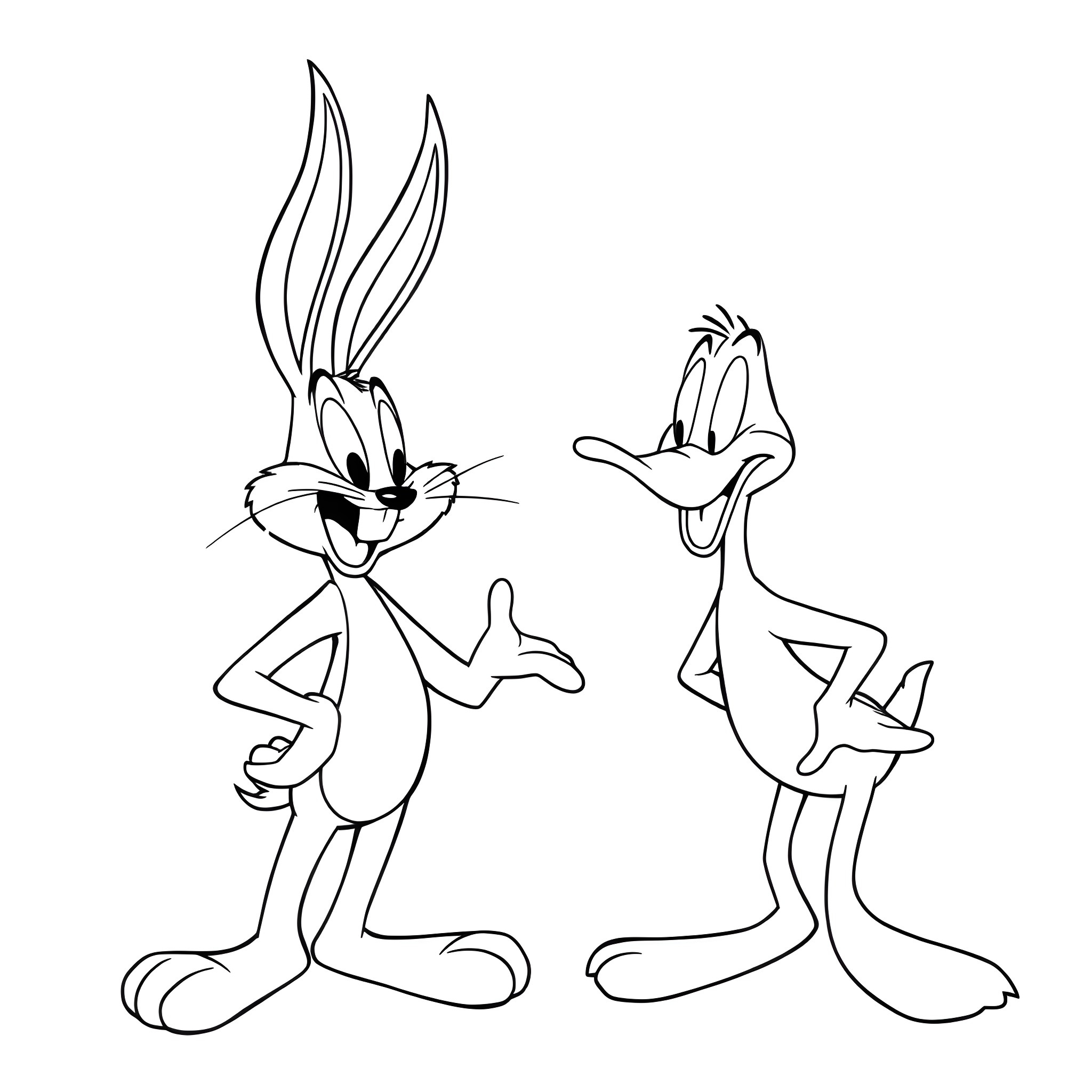 Bugs Bunny and Daffy Duck in amusing poses Coloring Page (free black-and-white line drawing printable PDF for all, from beginners to advanced learners, including children, teens, adults, and seniors)