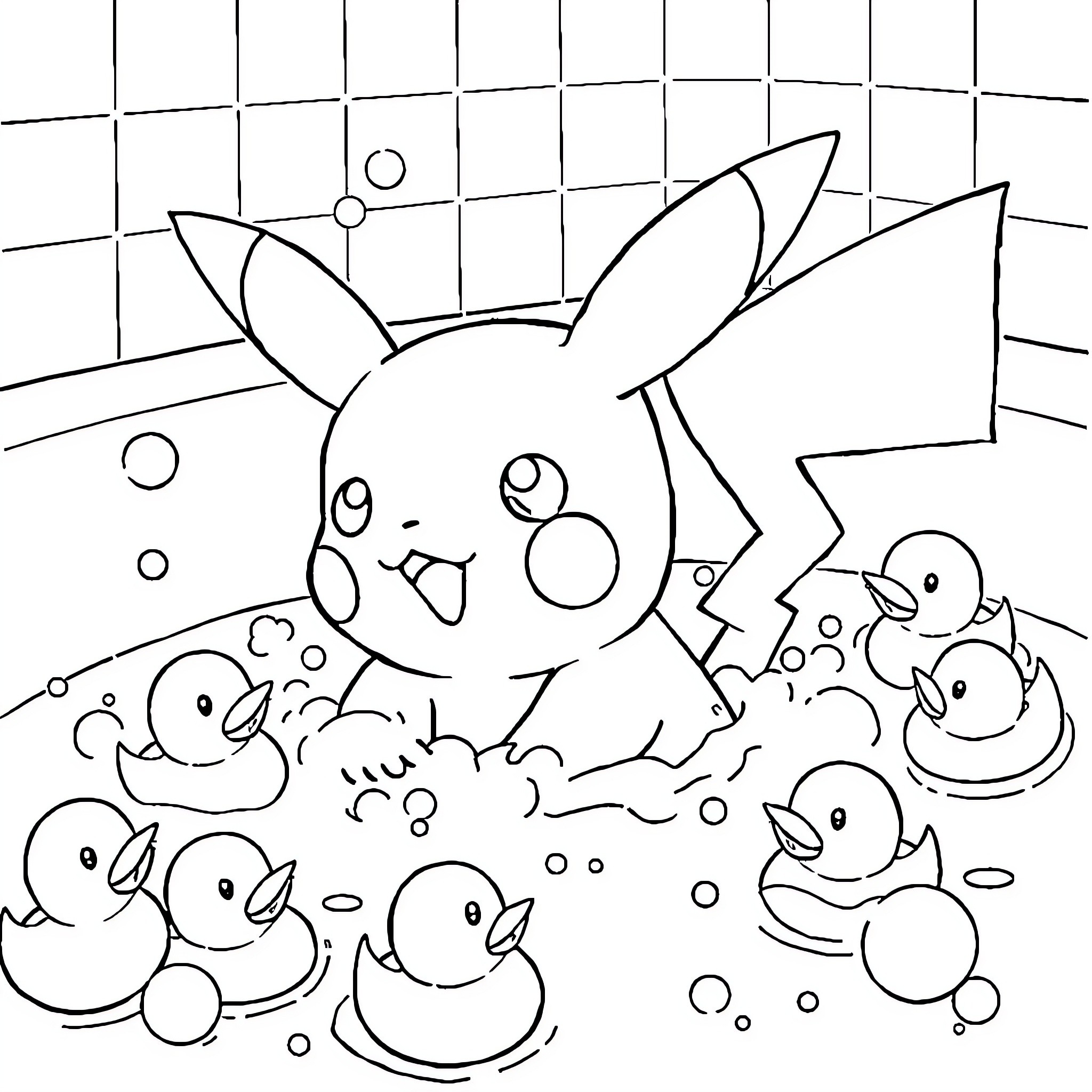 Pikachu playing with ducklings in the water Coloring Page (free black-and-white line drawing printable PDF for all, from beginners to advanced learners, including children, teens, adults, and seniors)