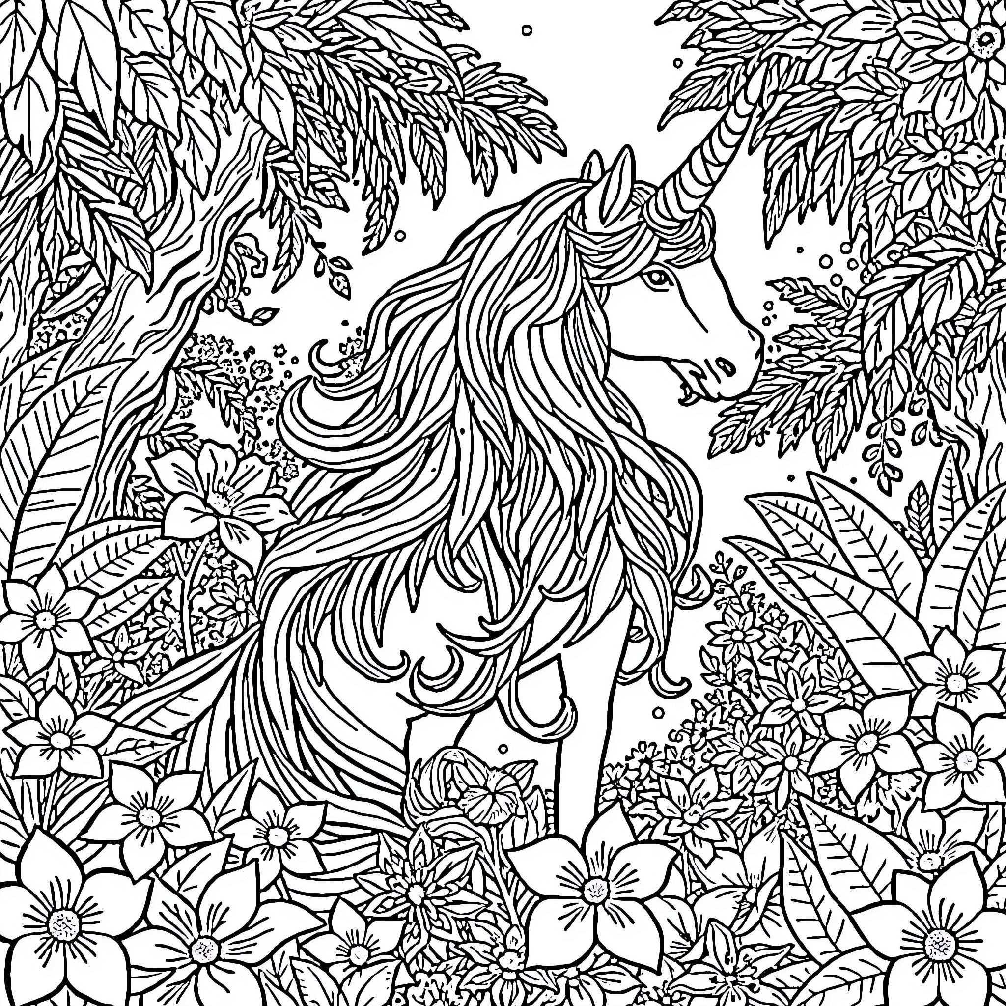 Unicorn Surrounded by Enchanting Floral Foliage Coloring Page (free black-and-white line drawing printable PDF for all, from beginners to advanced learners, including children, teens, adults, and seniors)