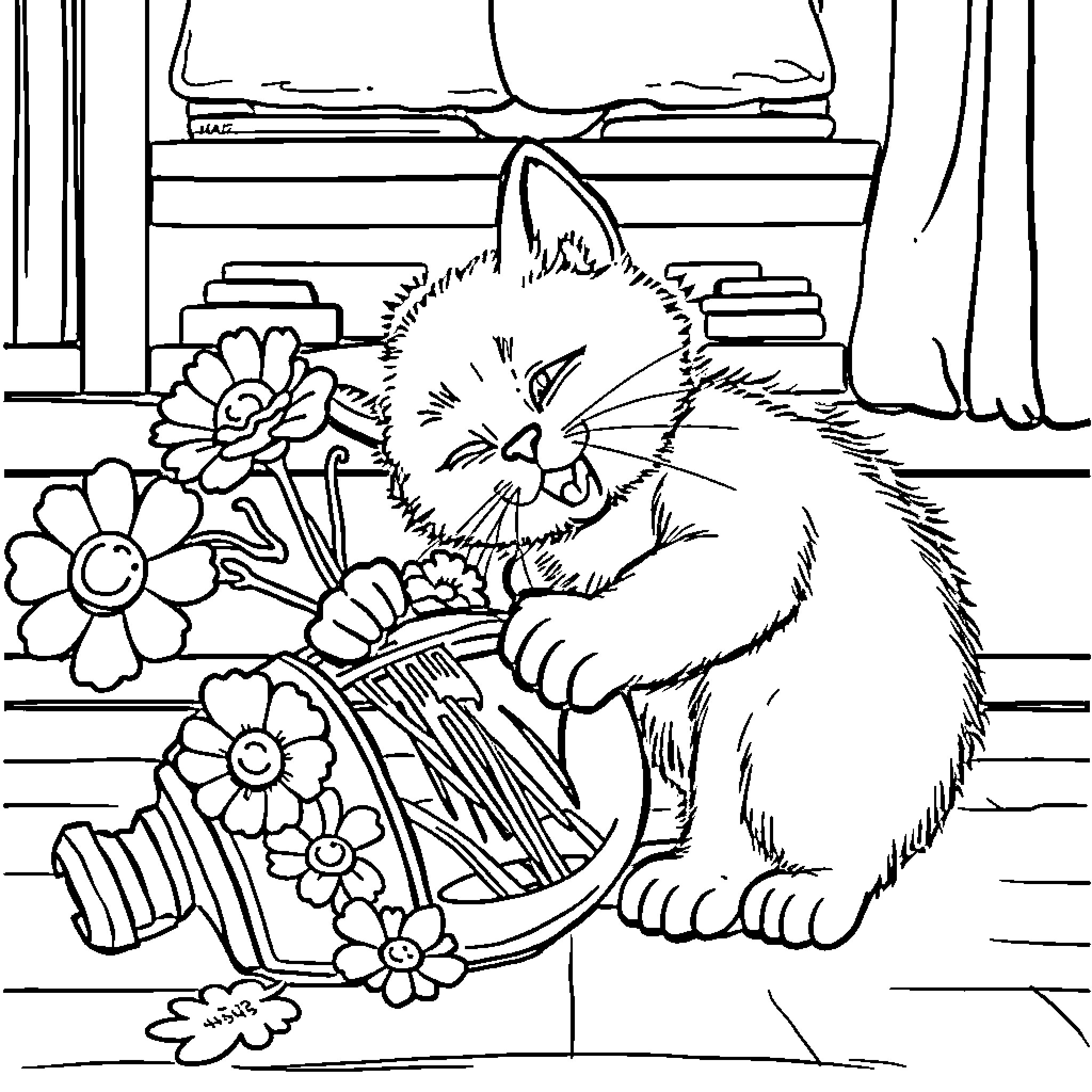 Kitty playing with flower basket Coloring Page (free black-and-white line drawing printable PDF for all, from beginners to advanced learners, including children, teens, adults, and seniors)
