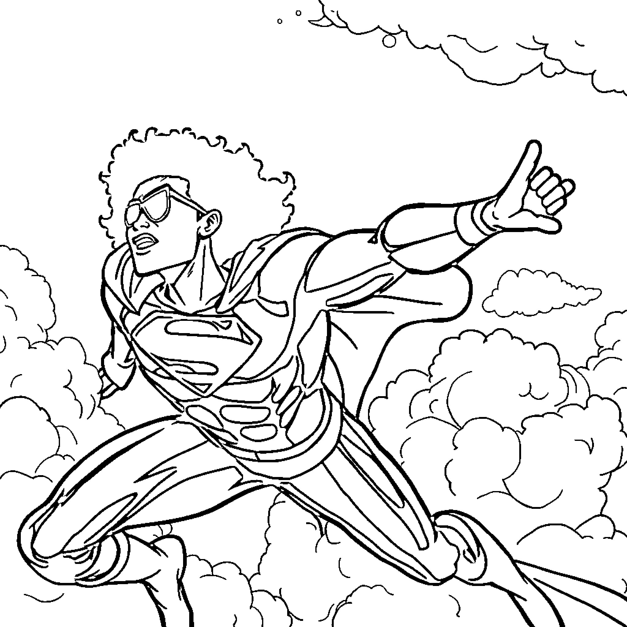 Superhero soaring through the skies Coloring Page (free black-and-white line drawing printable PDF for all, from beginners to advanced learners, including children, teens, adults, and seniors)