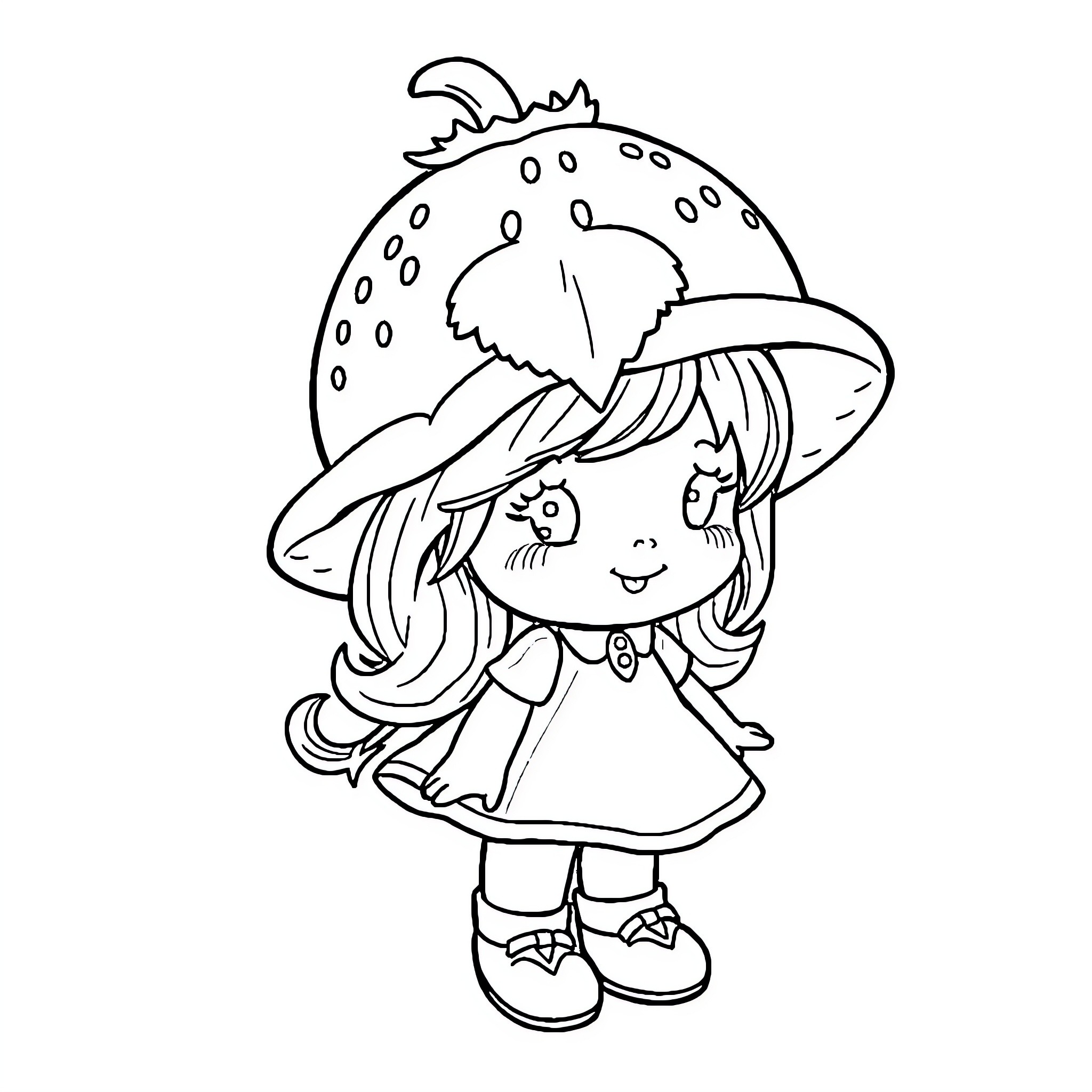Strawberry Doll holding umbrella and smiling happily Coloring Page (free black-and-white line drawing printable PDF for all, from beginners to advanced learners, including children, teens, adults, and seniors)