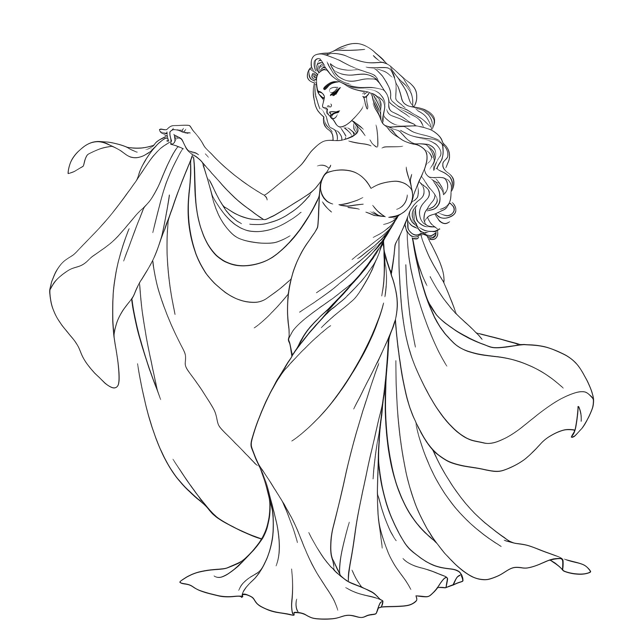 Woman in flowing dress with long hair Coloring Page (free black-and-white line drawing printable PDF for all, from beginners to advanced learners, including children, teens, adults, and seniors)