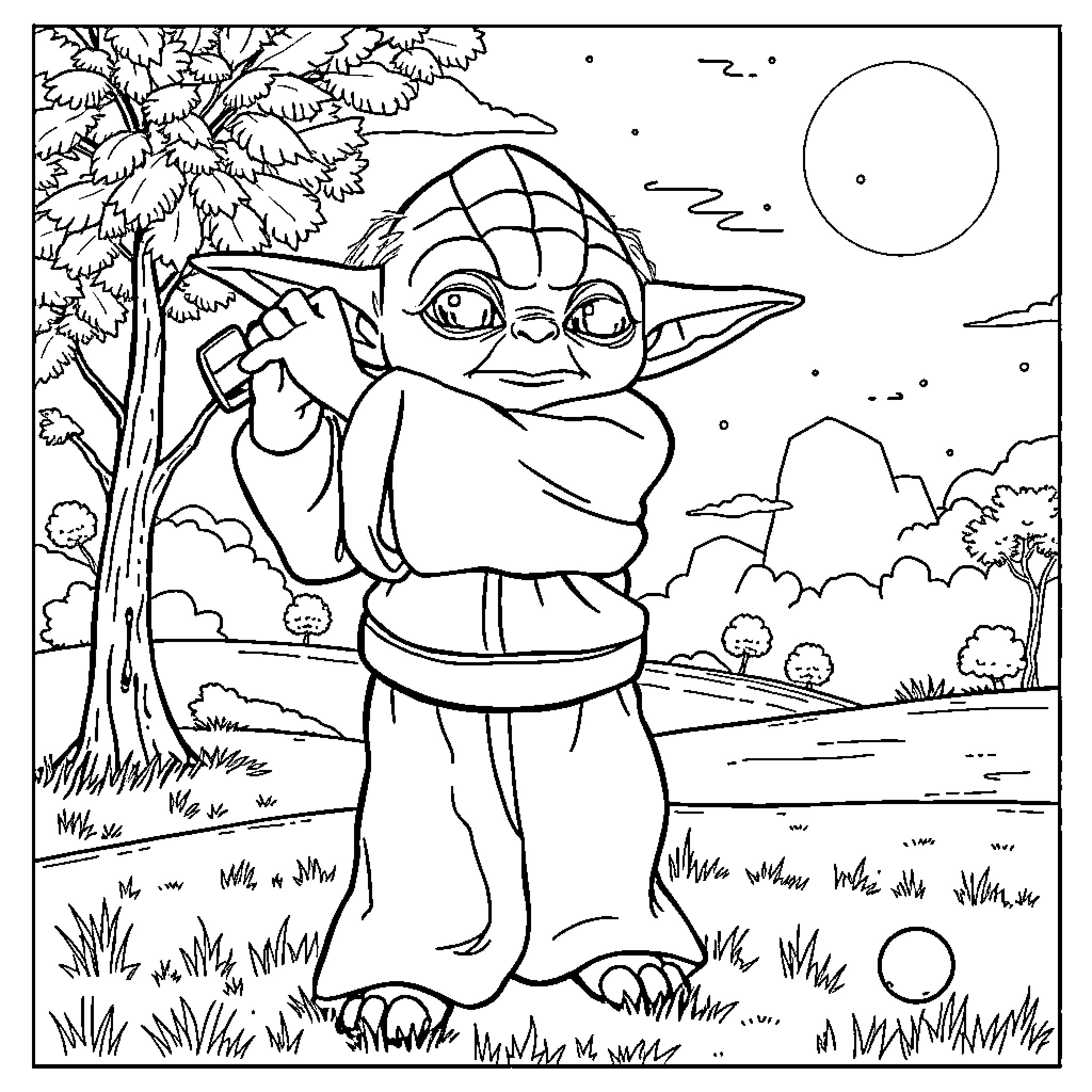 Yoda in nature, meditating outdoors Coloring Page (free black-and-white line drawing printable PDF for all, from beginners to advanced learners, including children, teens, adults, and seniors)